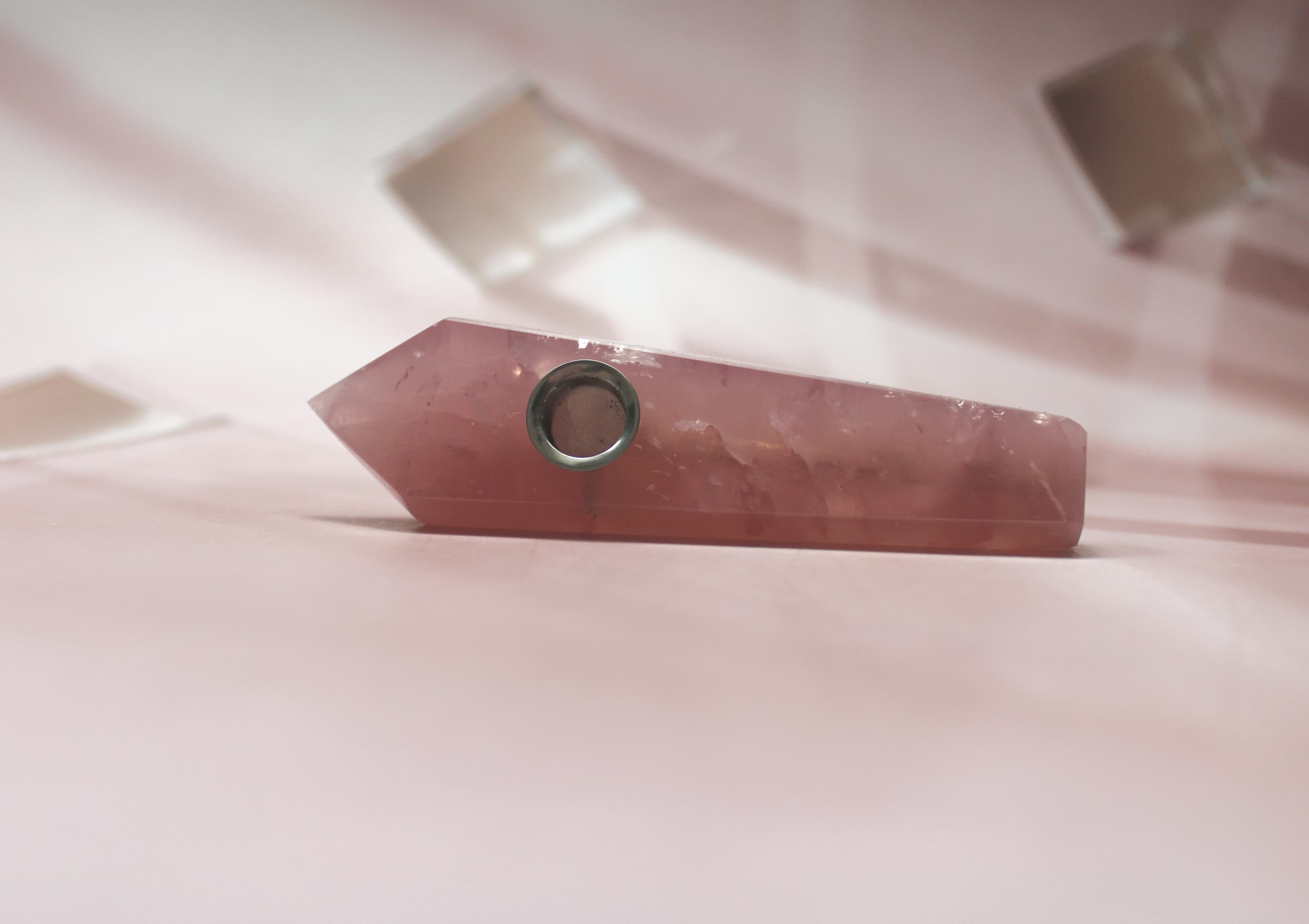 Grade A Rose Quartz Natural Herb Pipe - Image 1