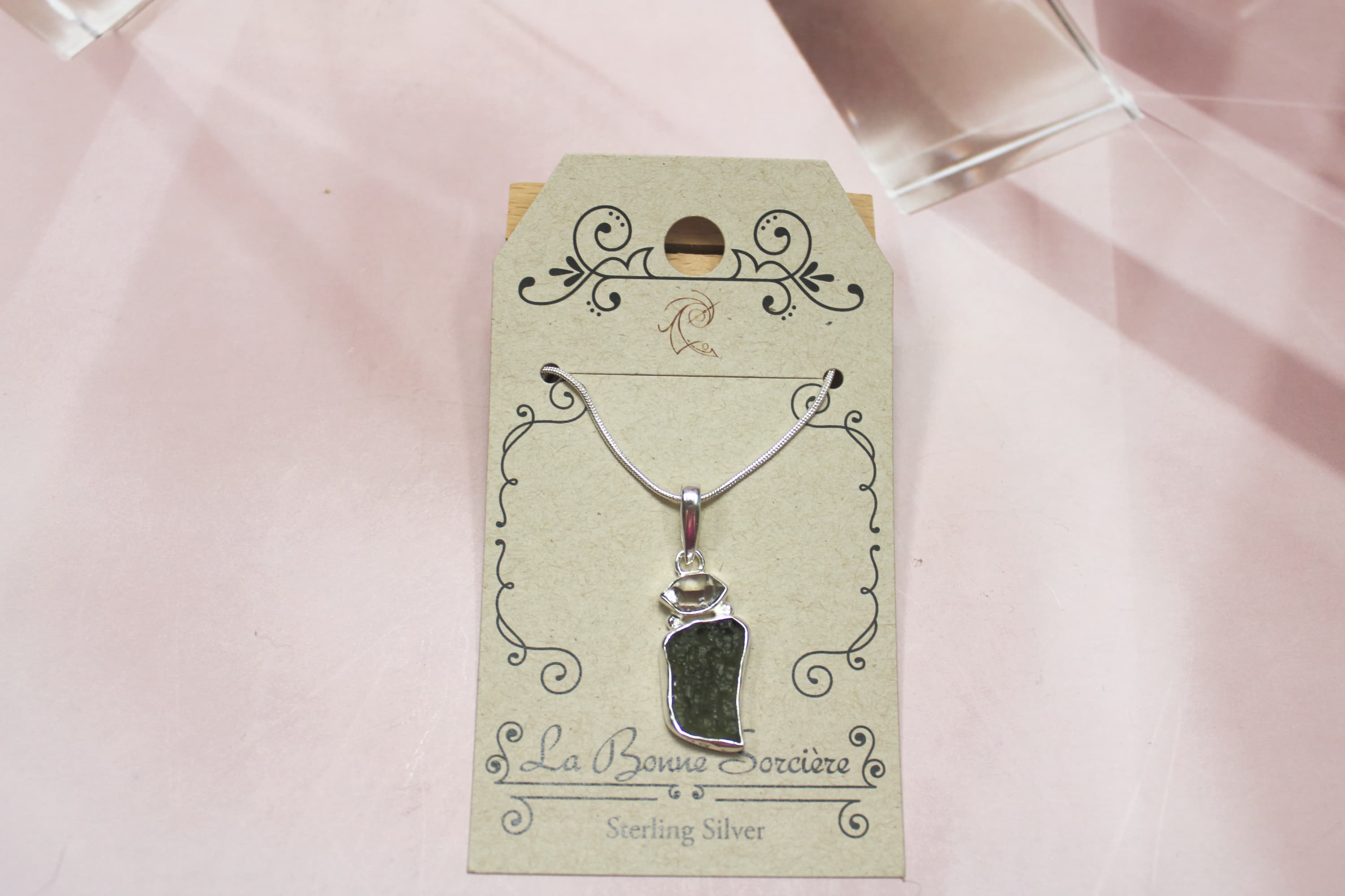 Genuine Moldavite and Herkimer Diamond Necklace set in 925 Sterling Silver - Image 1