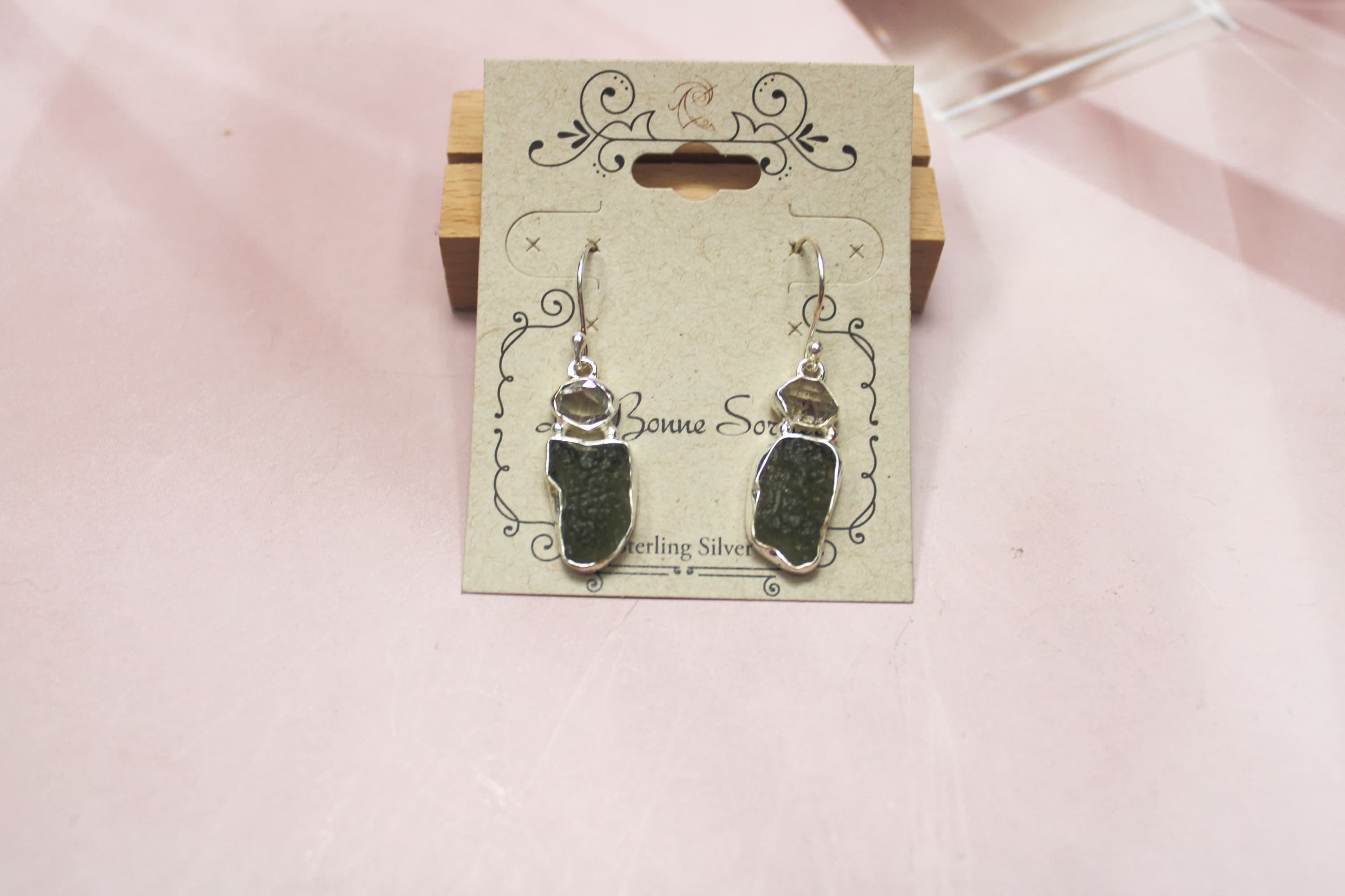 Genuine Moldavite and Herkimer Diamond Earrings set in 925 Sterling Silver