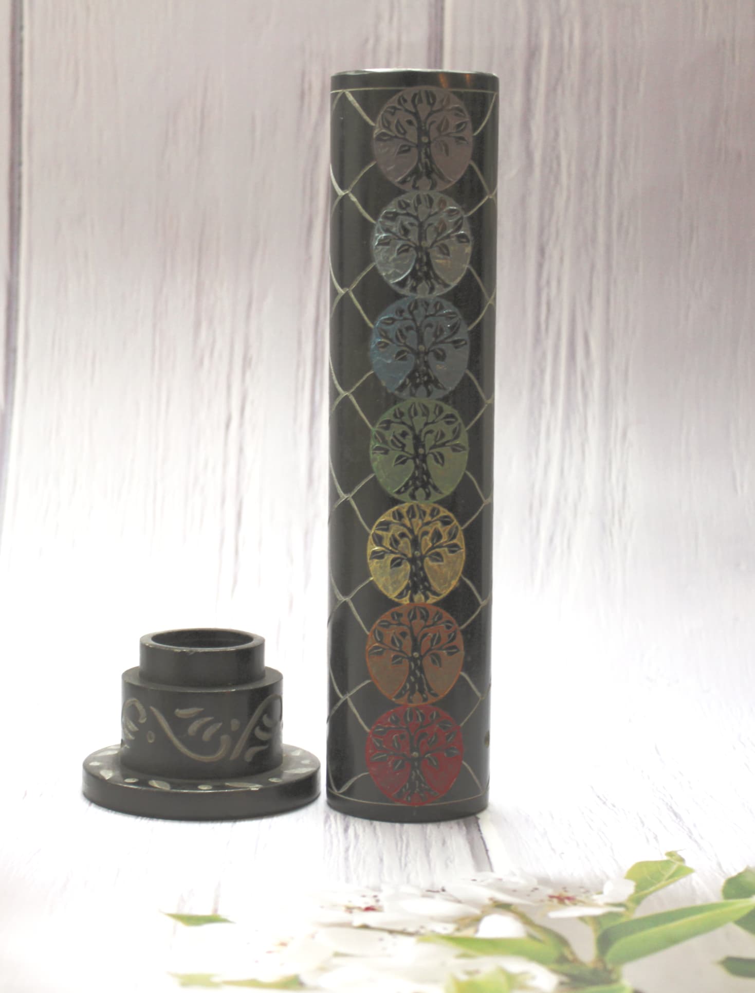 Engraved Tree of Life Ash Catcher Tower in the 7 Chakra Colors