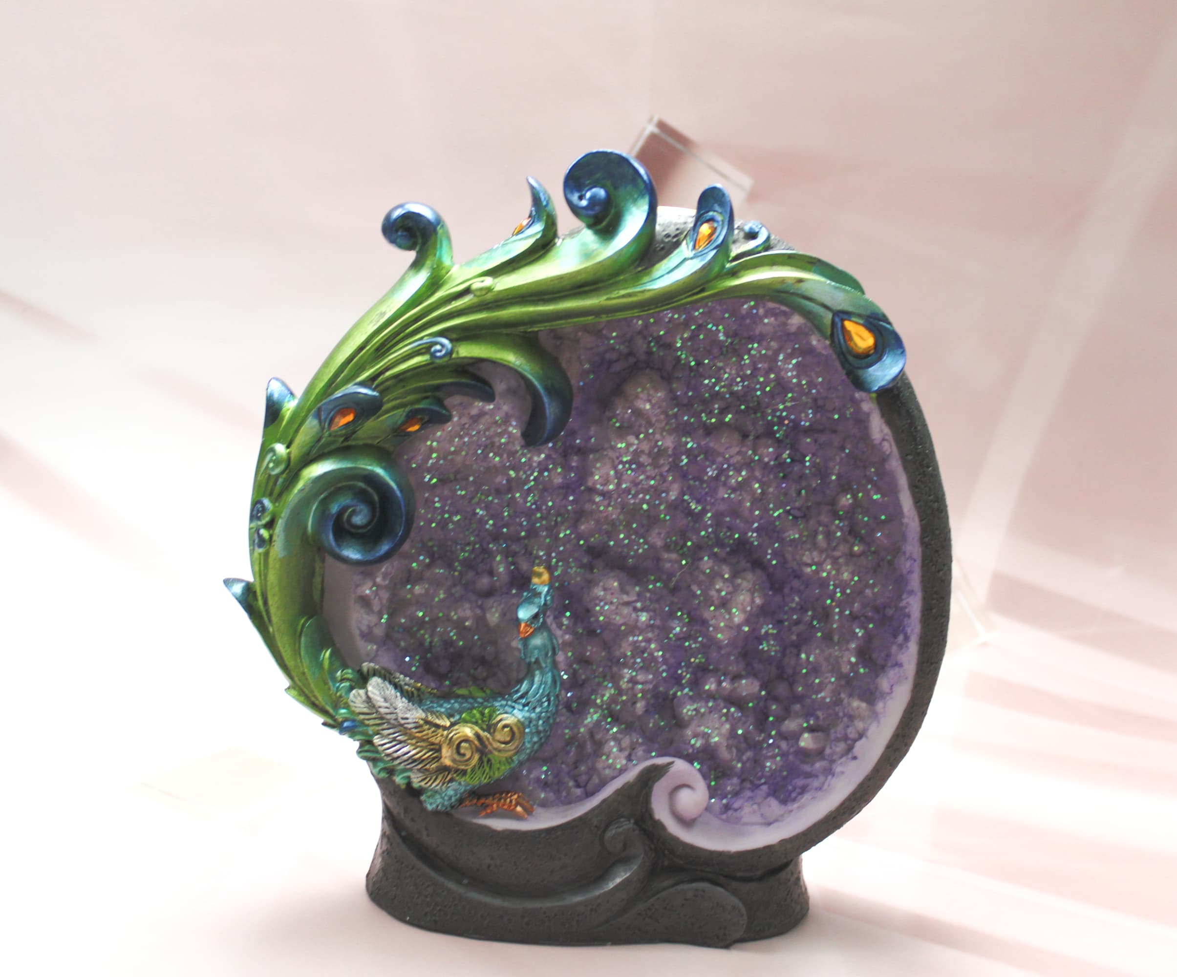 Large Peacock on Geode Backflow Incense Burner - Image 1