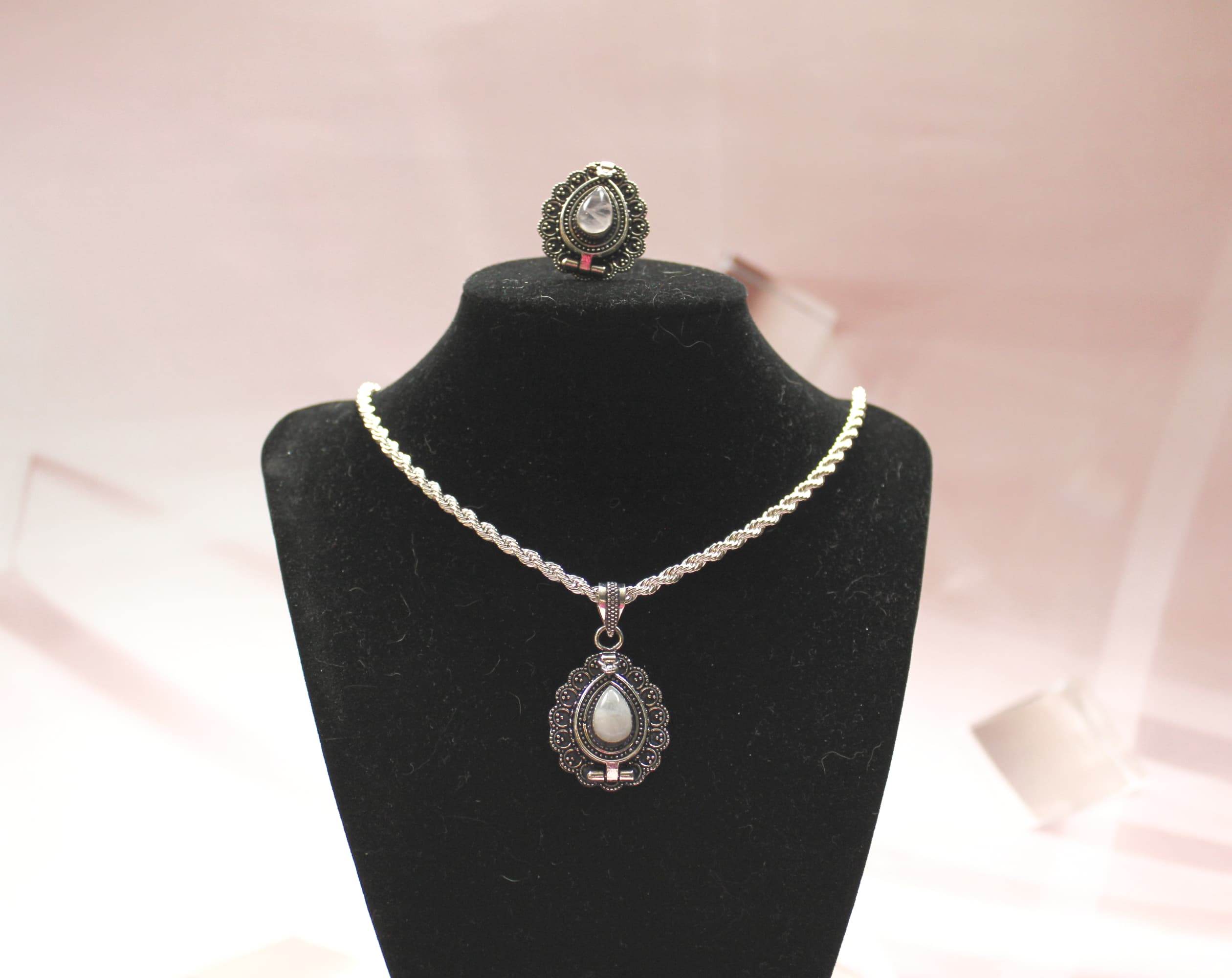 Antique Locket Moonstone Necklace and Ring Set - Image 1