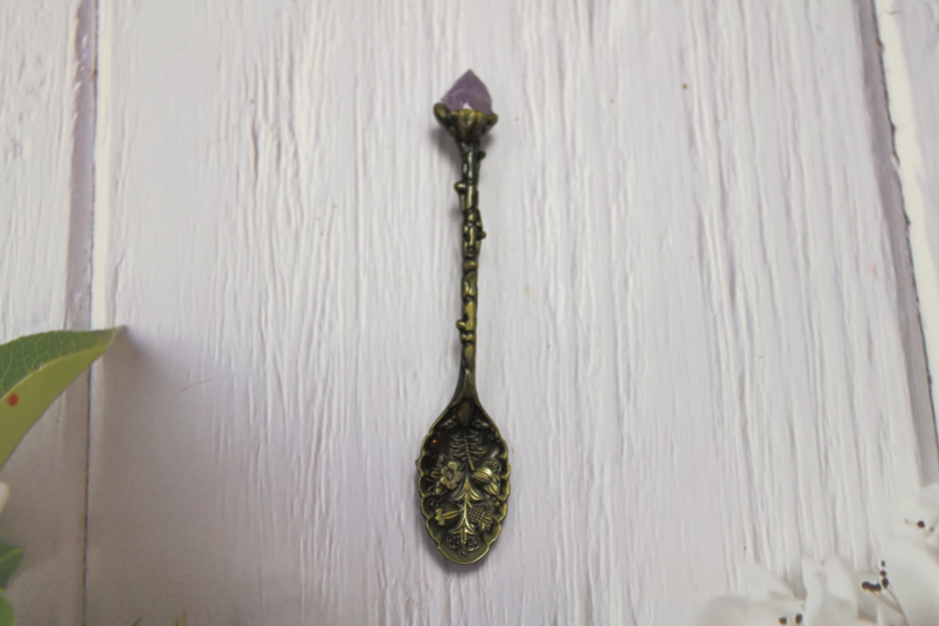 Antique Green Brass Amethyst Point Spoon - Image 1