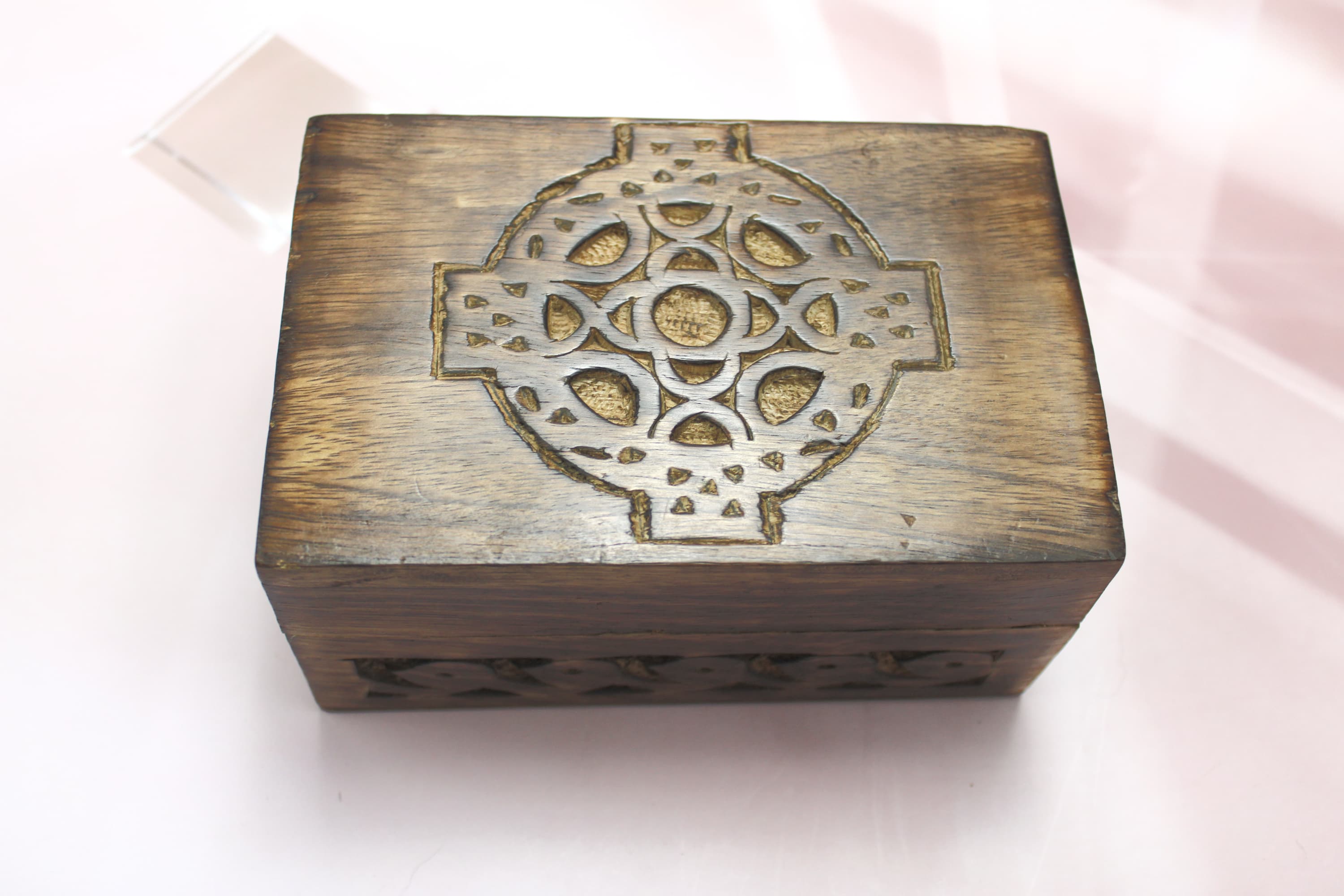 Celtic Cross Wood Carved Box for Tarot Decks or Trinkets - Image 1