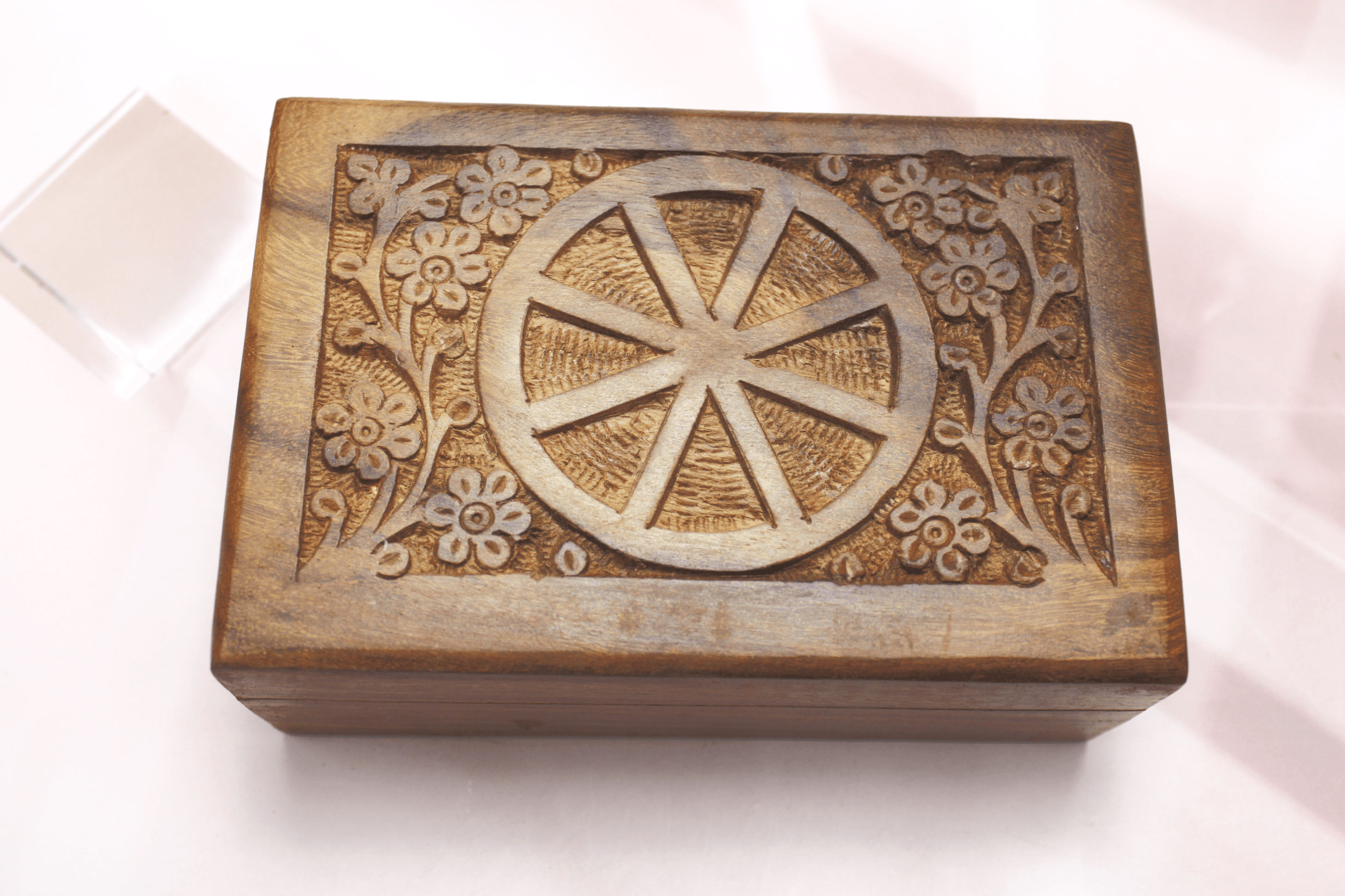 Wheel of the Year Wooden Carved Box for Tarot Decks or Trinkets - Image 1
