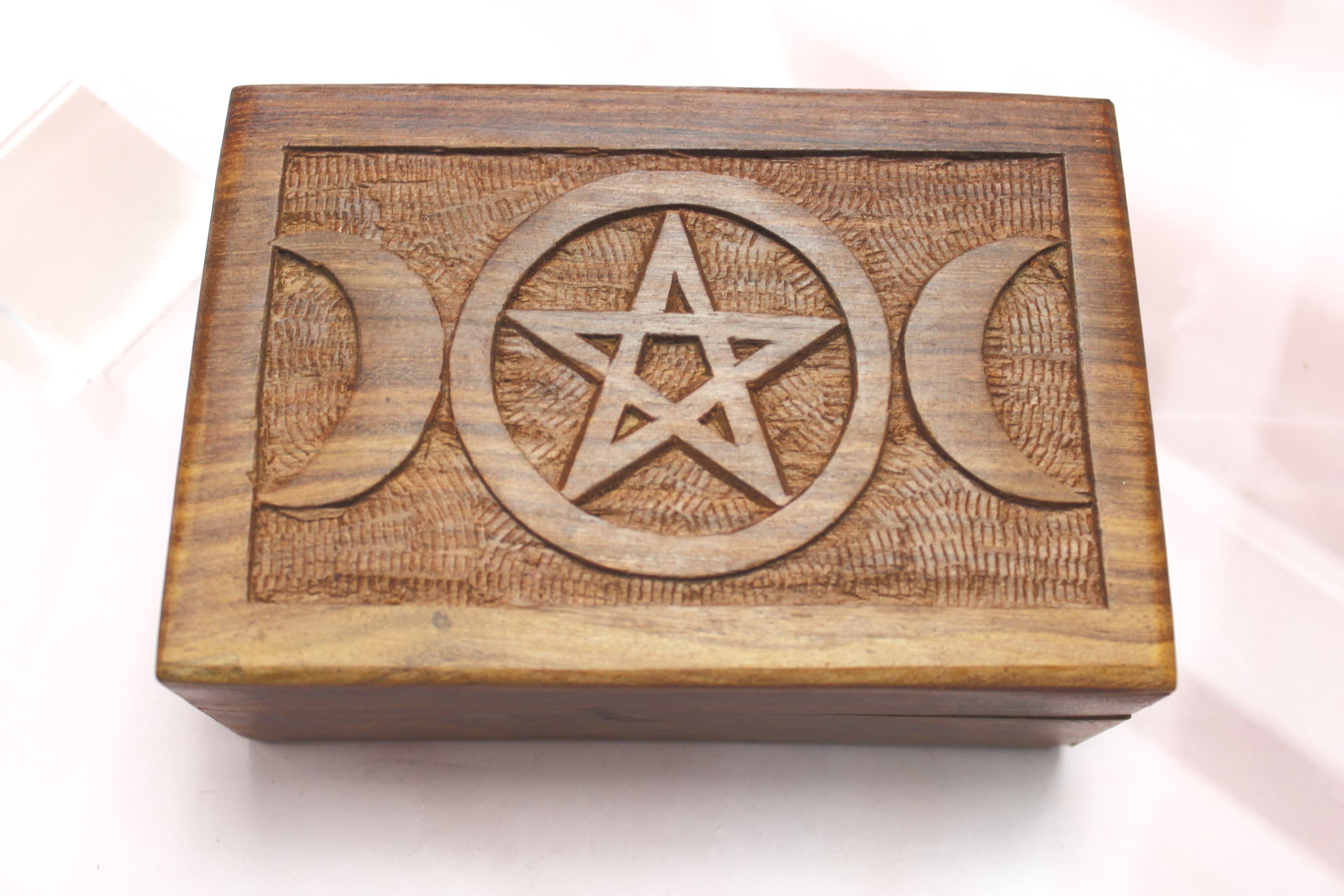 Triple MoonPentagram Carved Wooden Box for Tarot Decks or Trinkets - Image 1