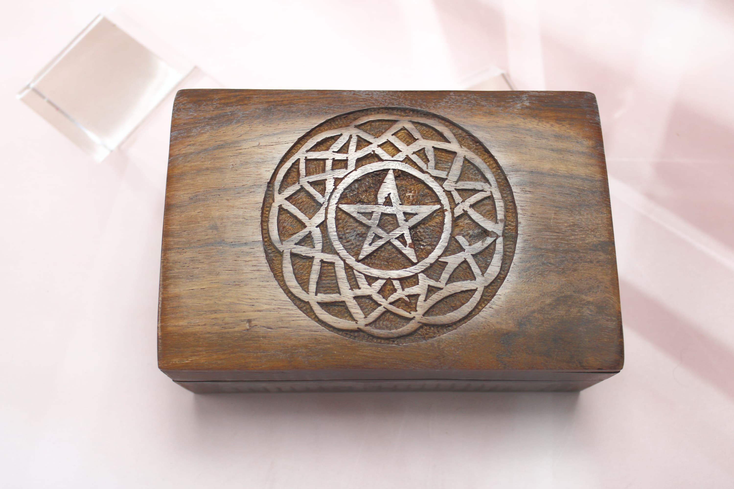 Pentacle in Celtic Circle Wood Carved Box for Tarot Decks or Trinkets - Image 1