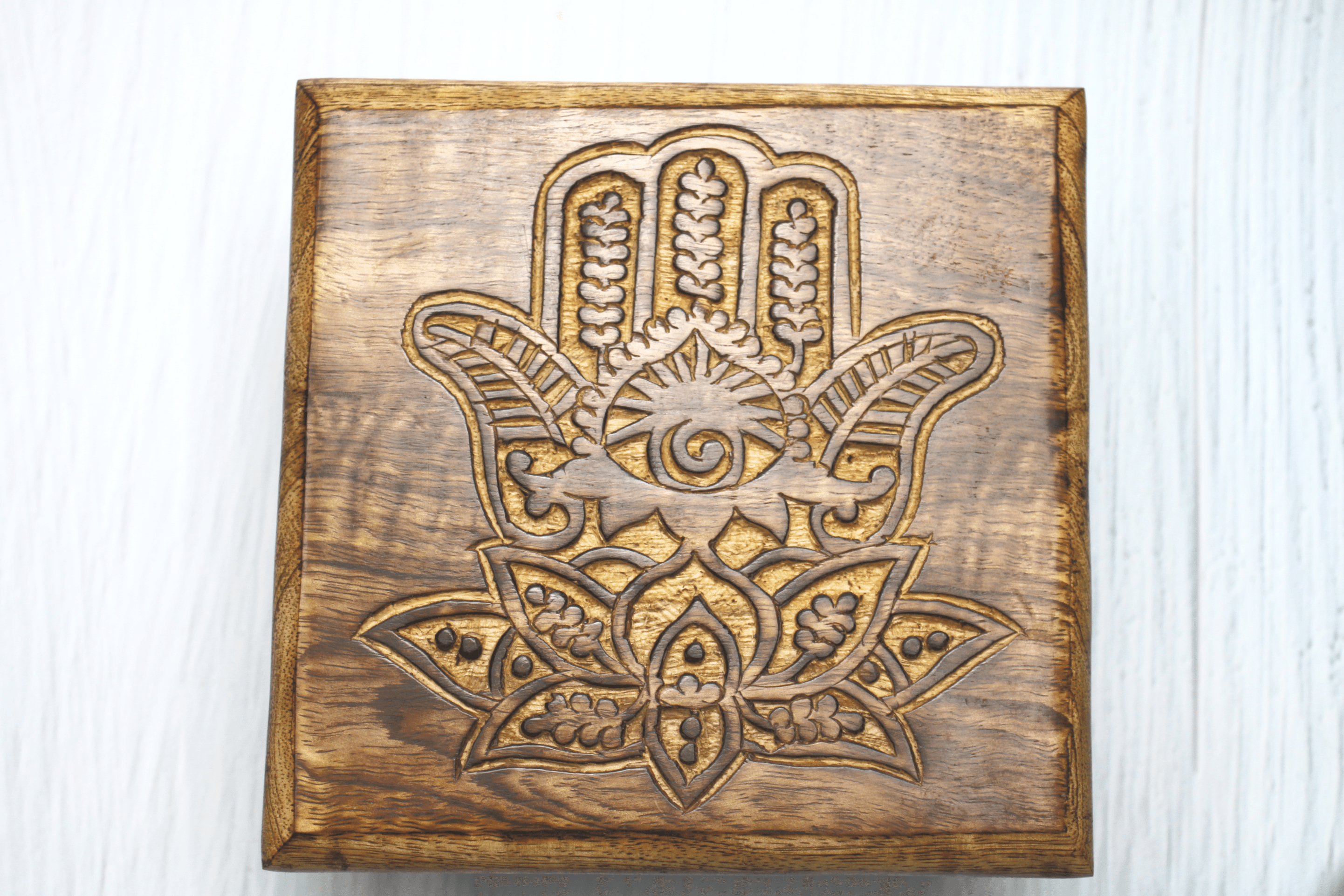 Lotus Hamsa Hand Carved Wood Box - Image 1