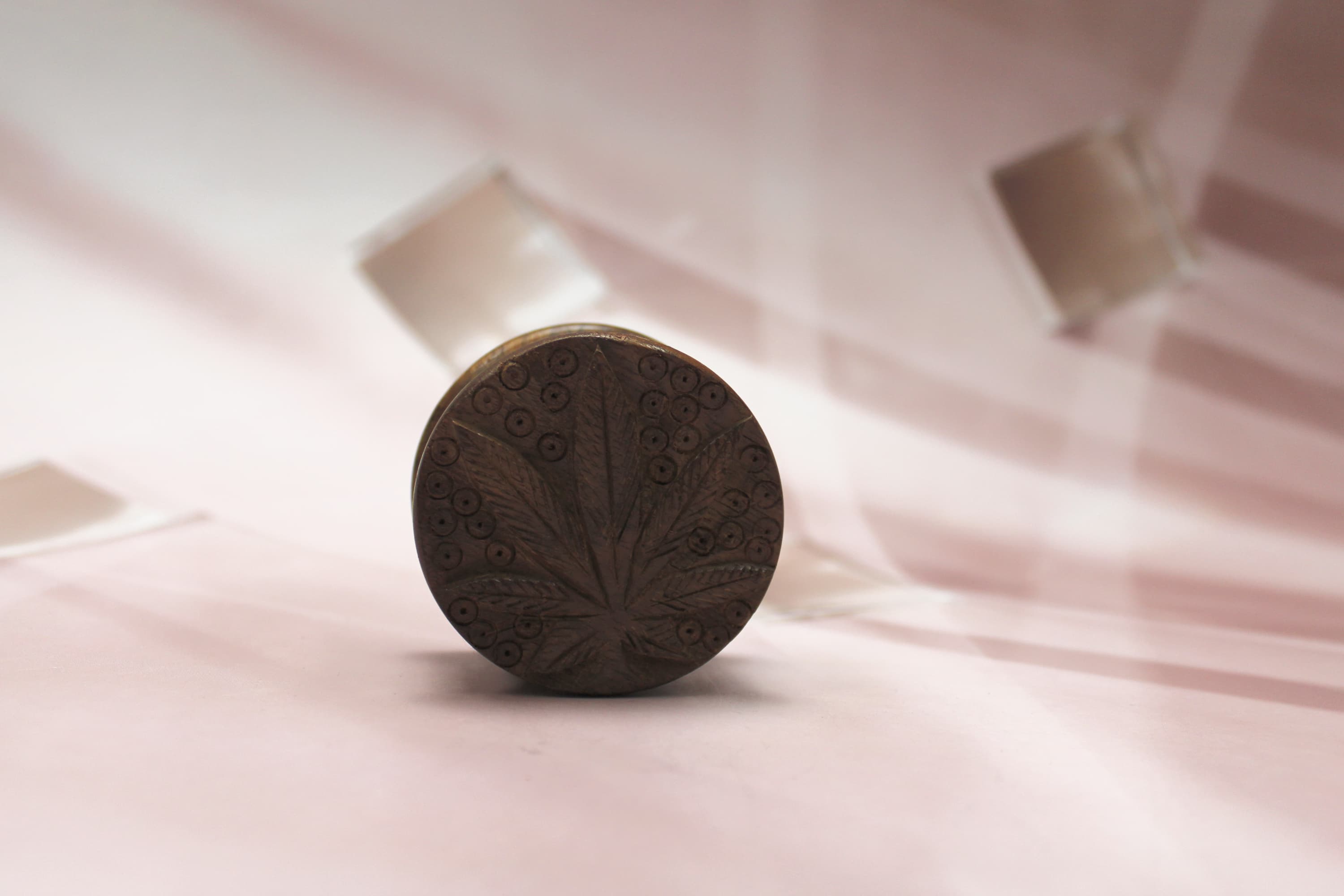 Wood Carved Pot leaf Herb Grinder 2" - Image 1