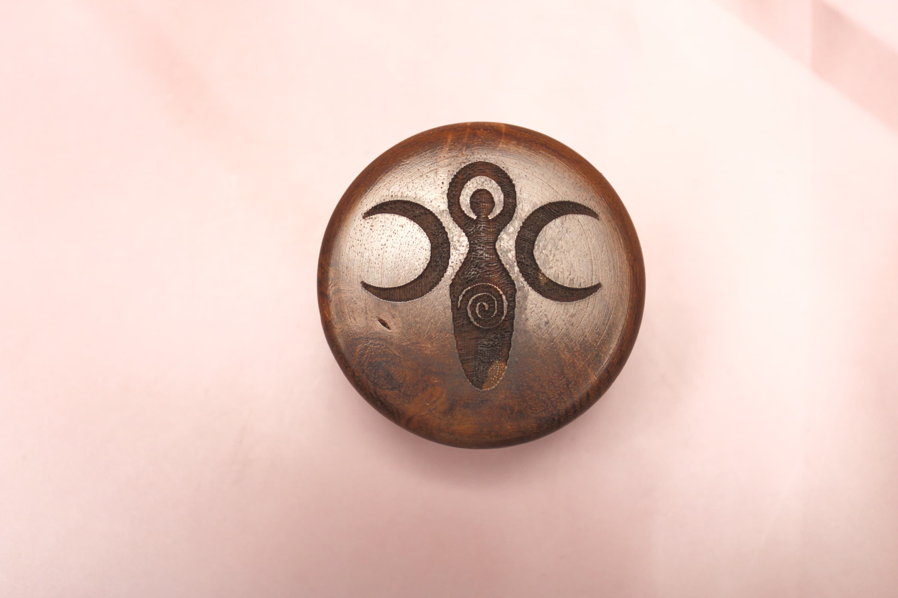 Triple Moon Goddess Hand Carved Wood Herb Grinder - Image 1