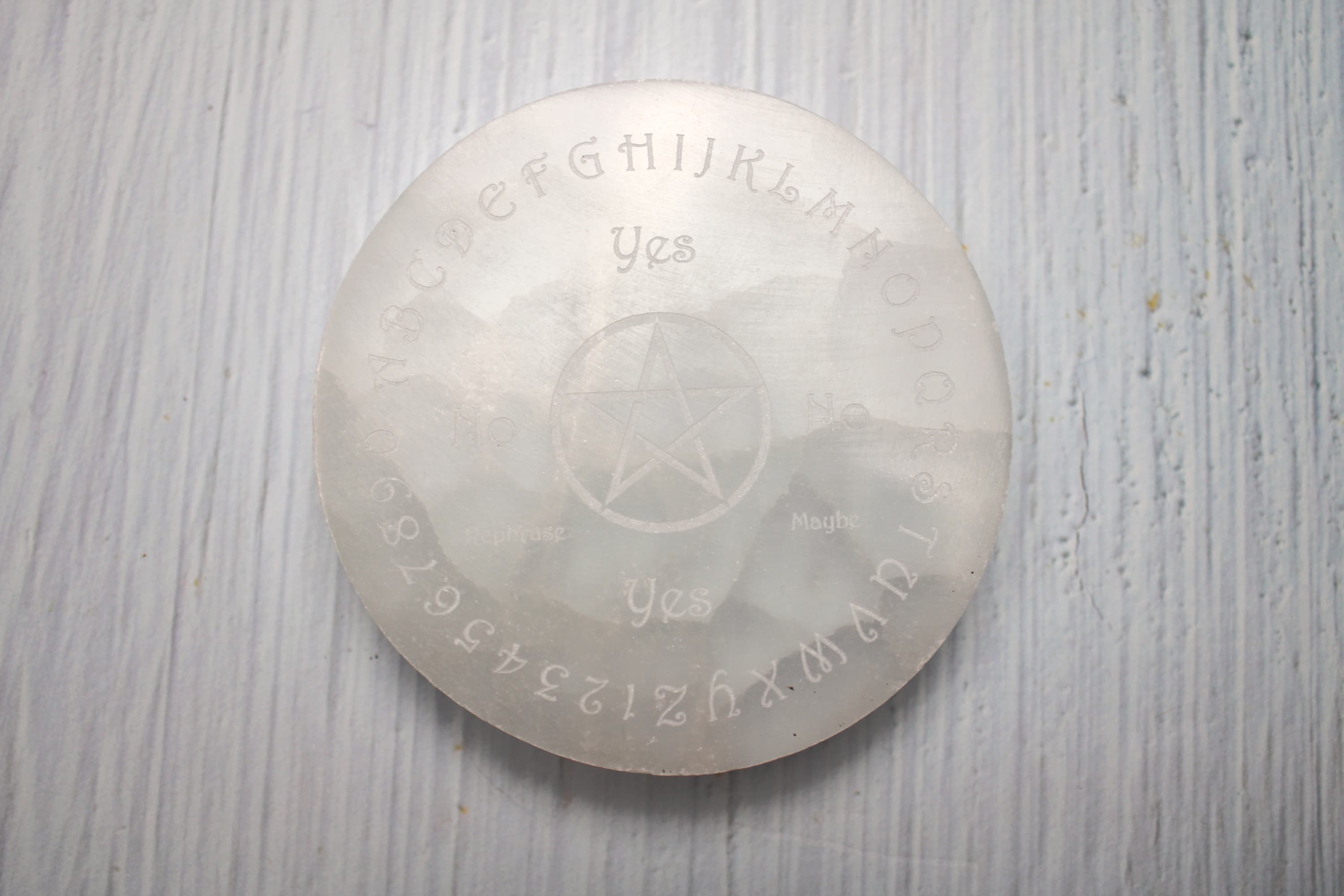 Selenite Pendulum Board Etched Disc