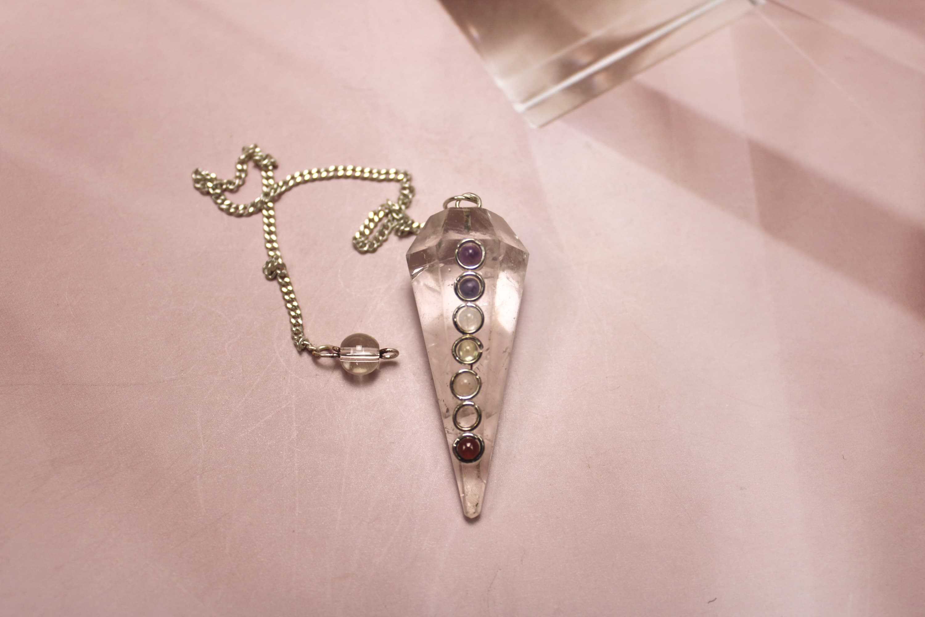 Chakra Inlaid Clear Quartz Pendulum - Image 1