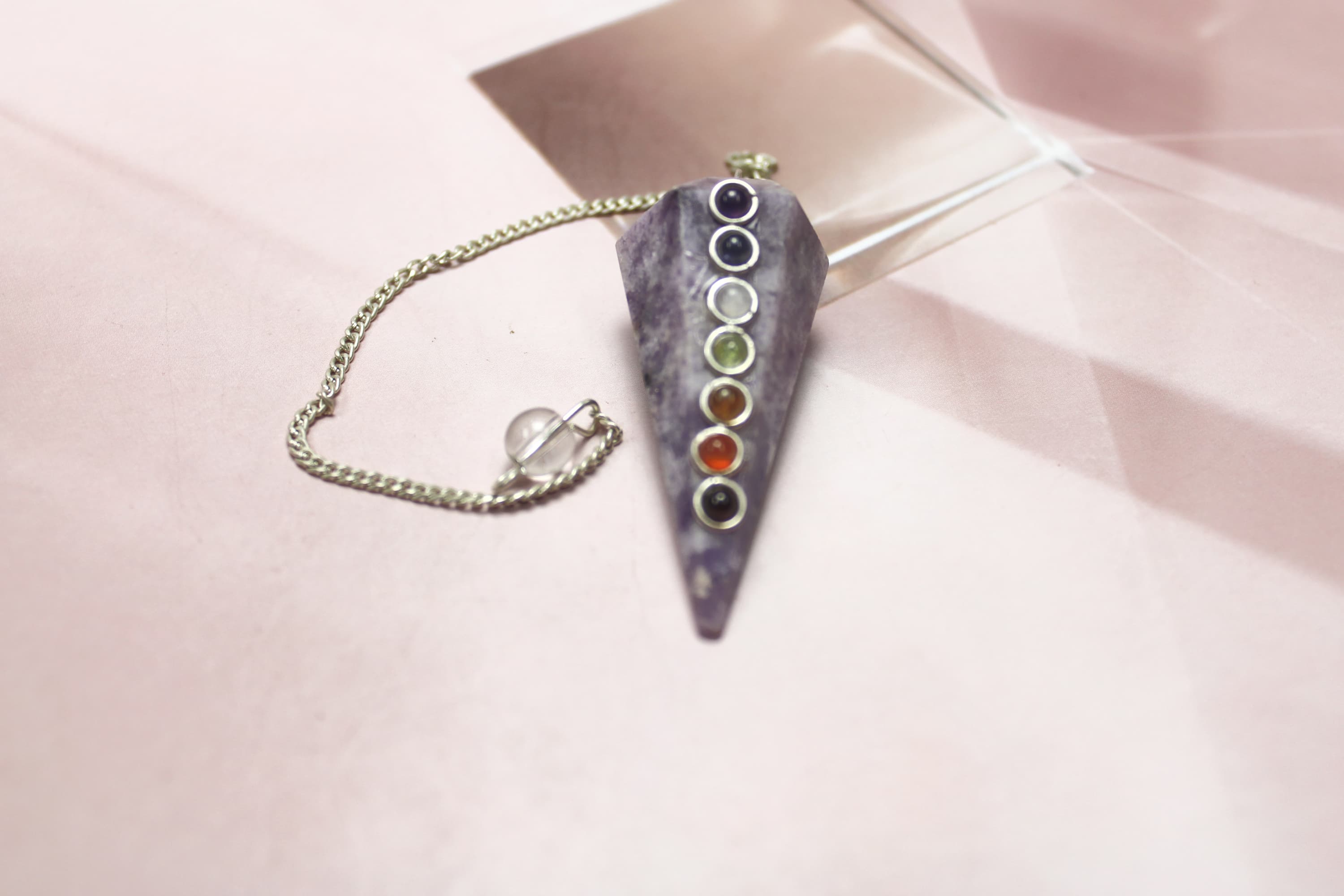 Chakra Inlaid Lepidolite Pendulum