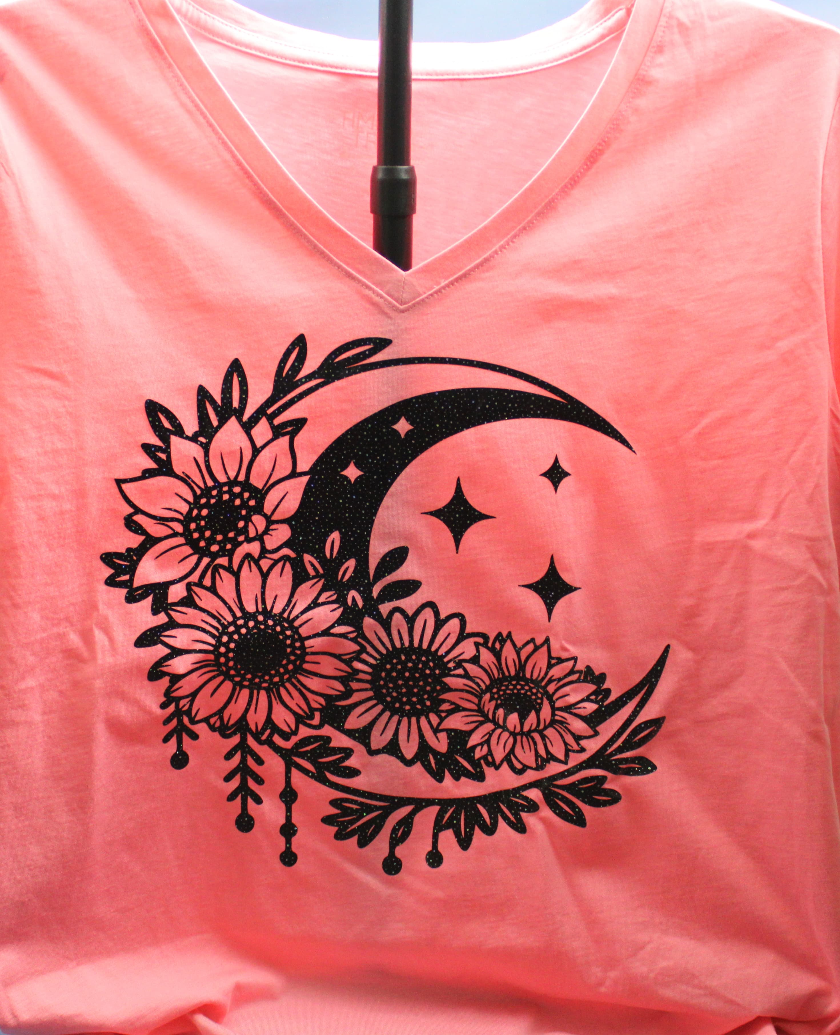 Black Glitter Floral Crescent moon T-Shirt - Image 1