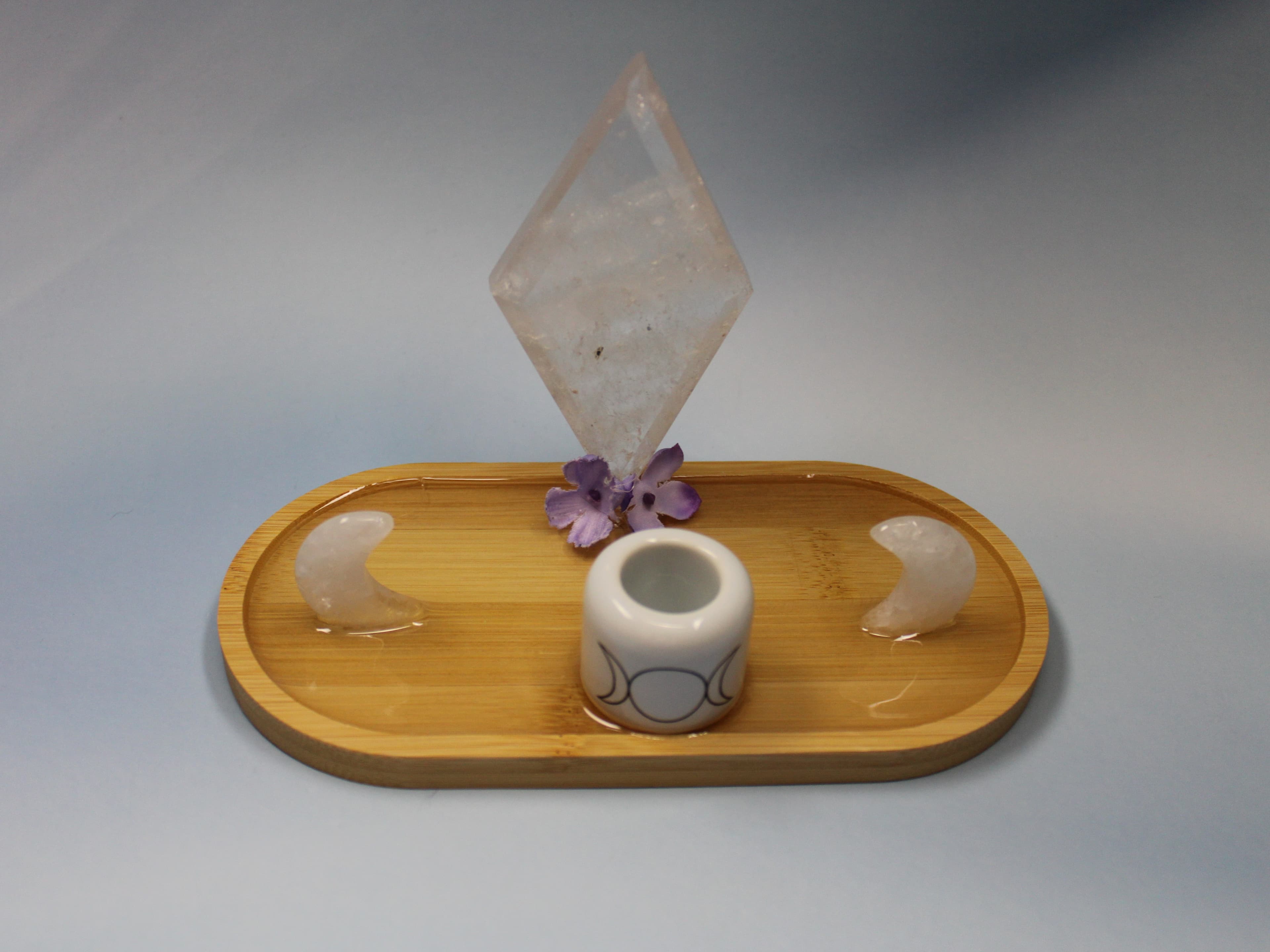 Extra Small Clear Quartz Rhombus Altar with Triple Moon Candle Holder