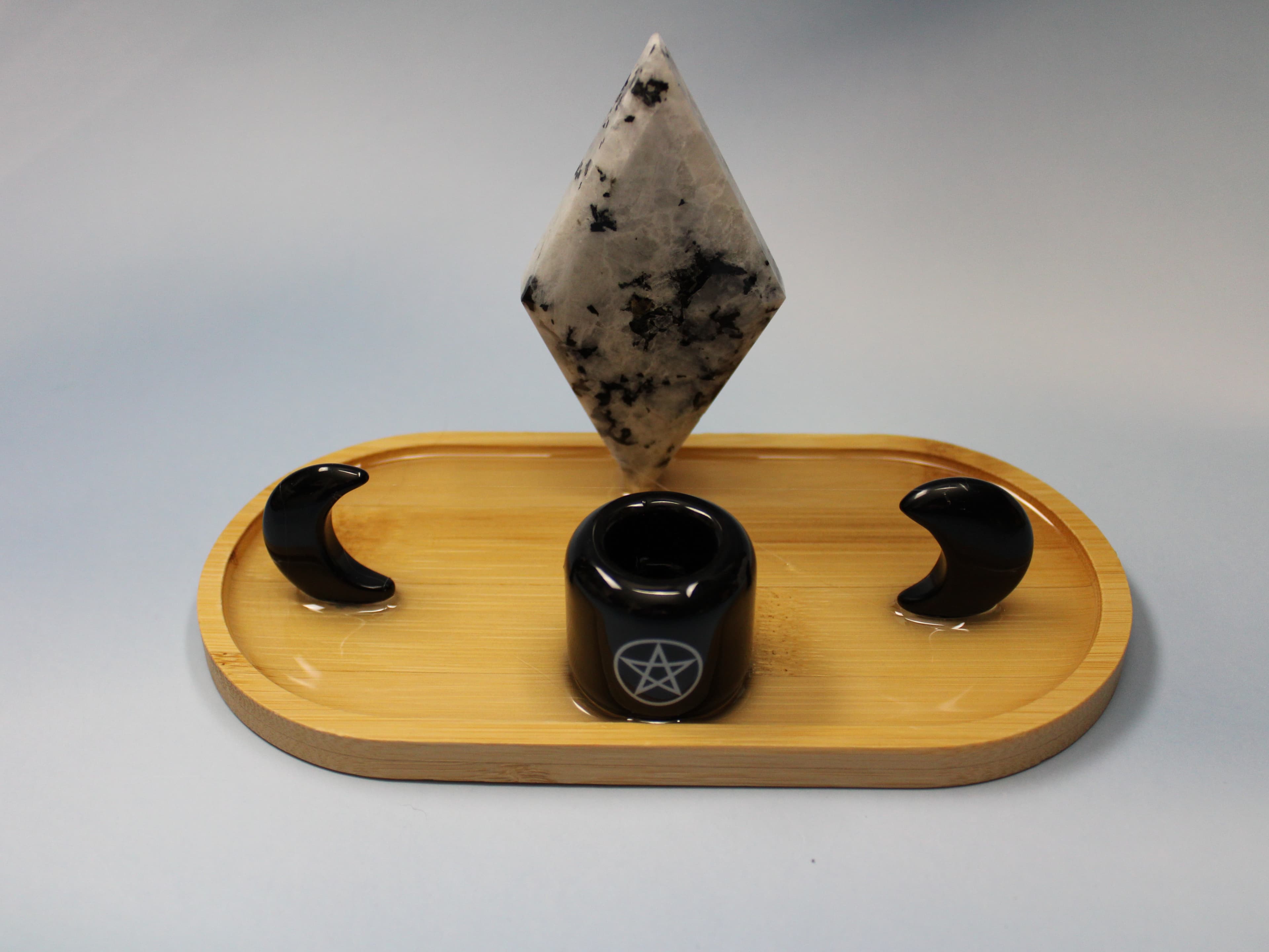 Extra Small Rainbow Moonstone Rhombus Alta with Pentagram Candle Holder