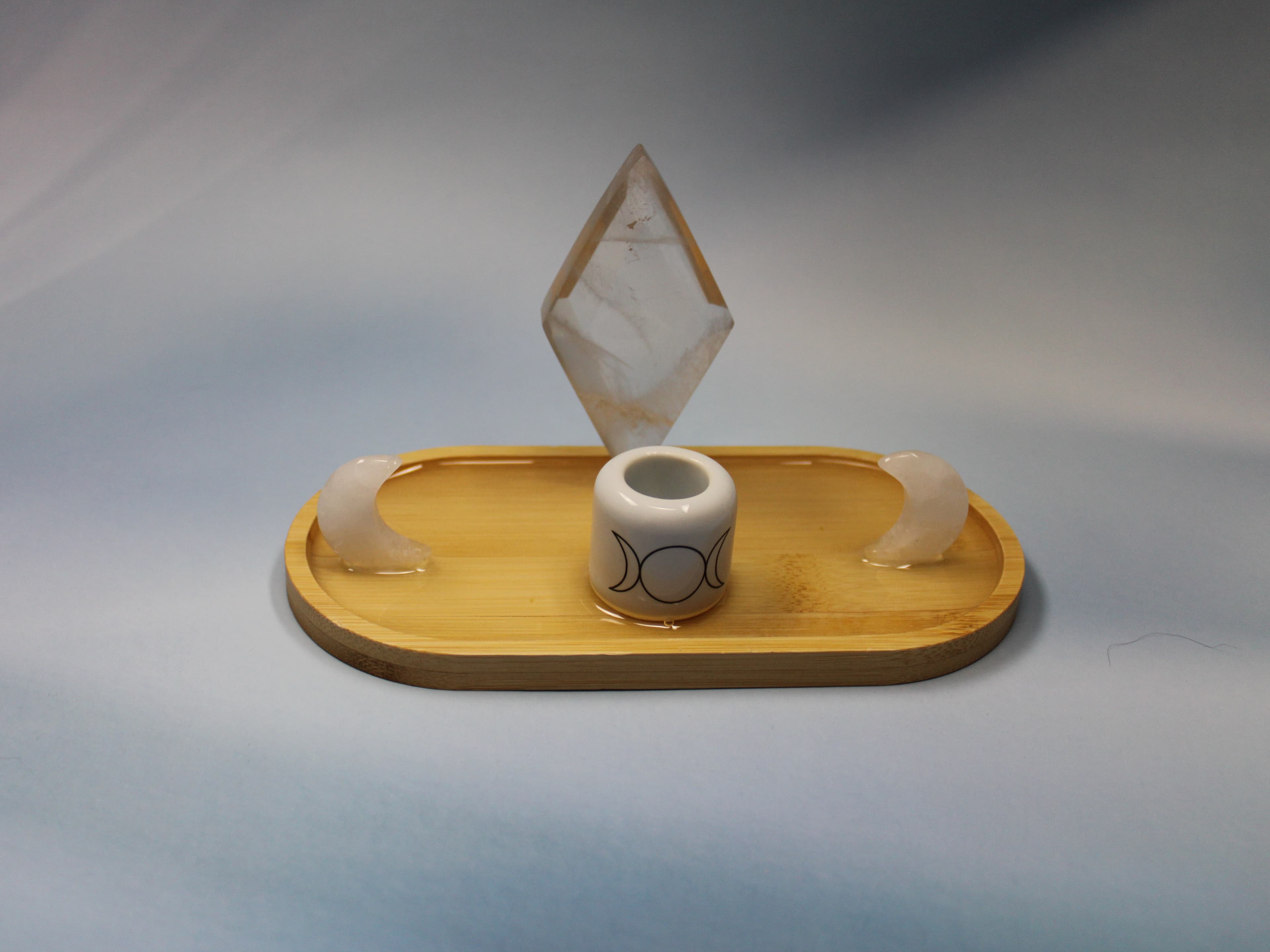Extra Small Clear Quartz Rhombus Altar with a Triple moon Candle Holder