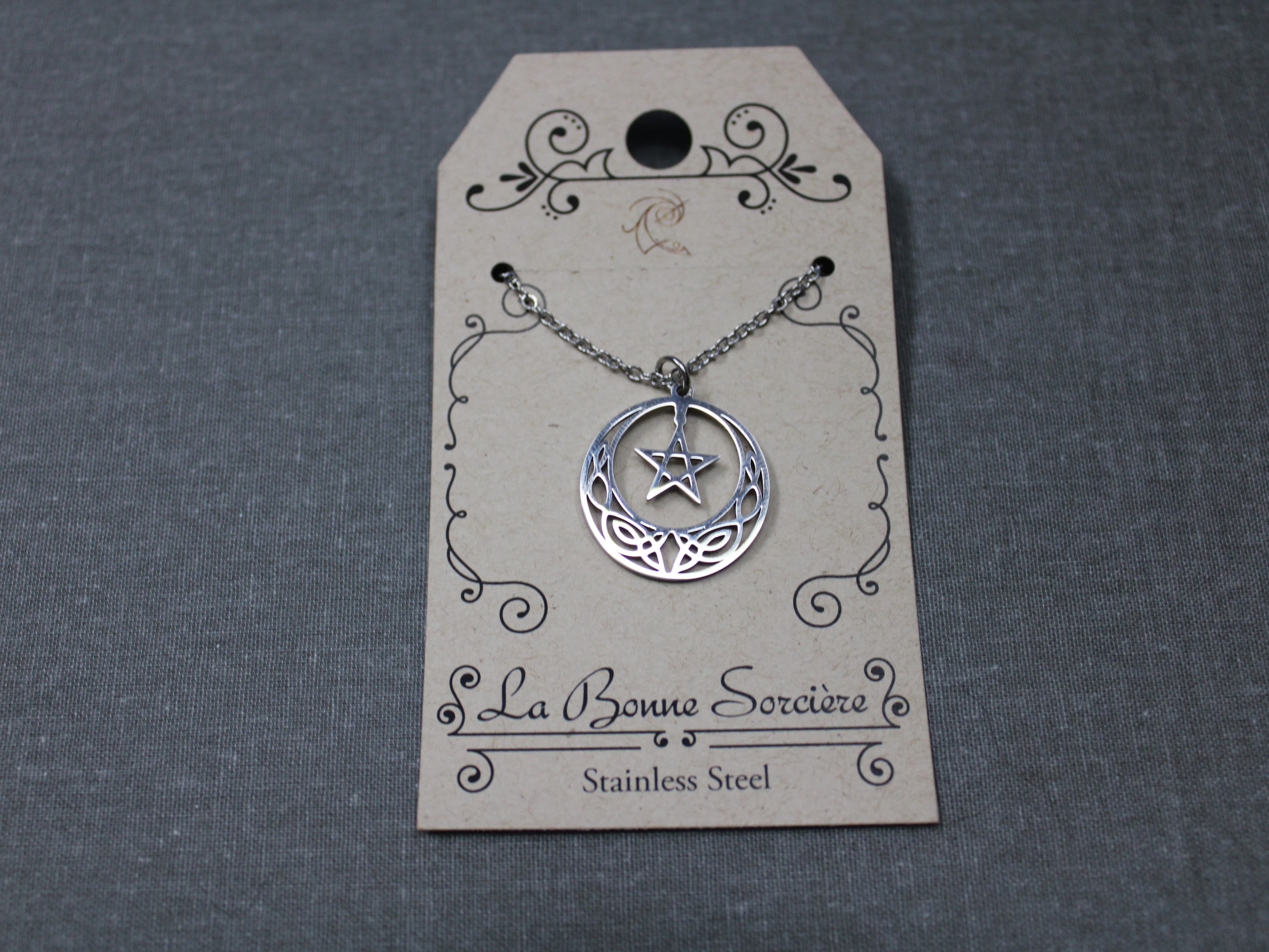 Stainless Steel Crescent Moon with Center Pentagram - Image 1