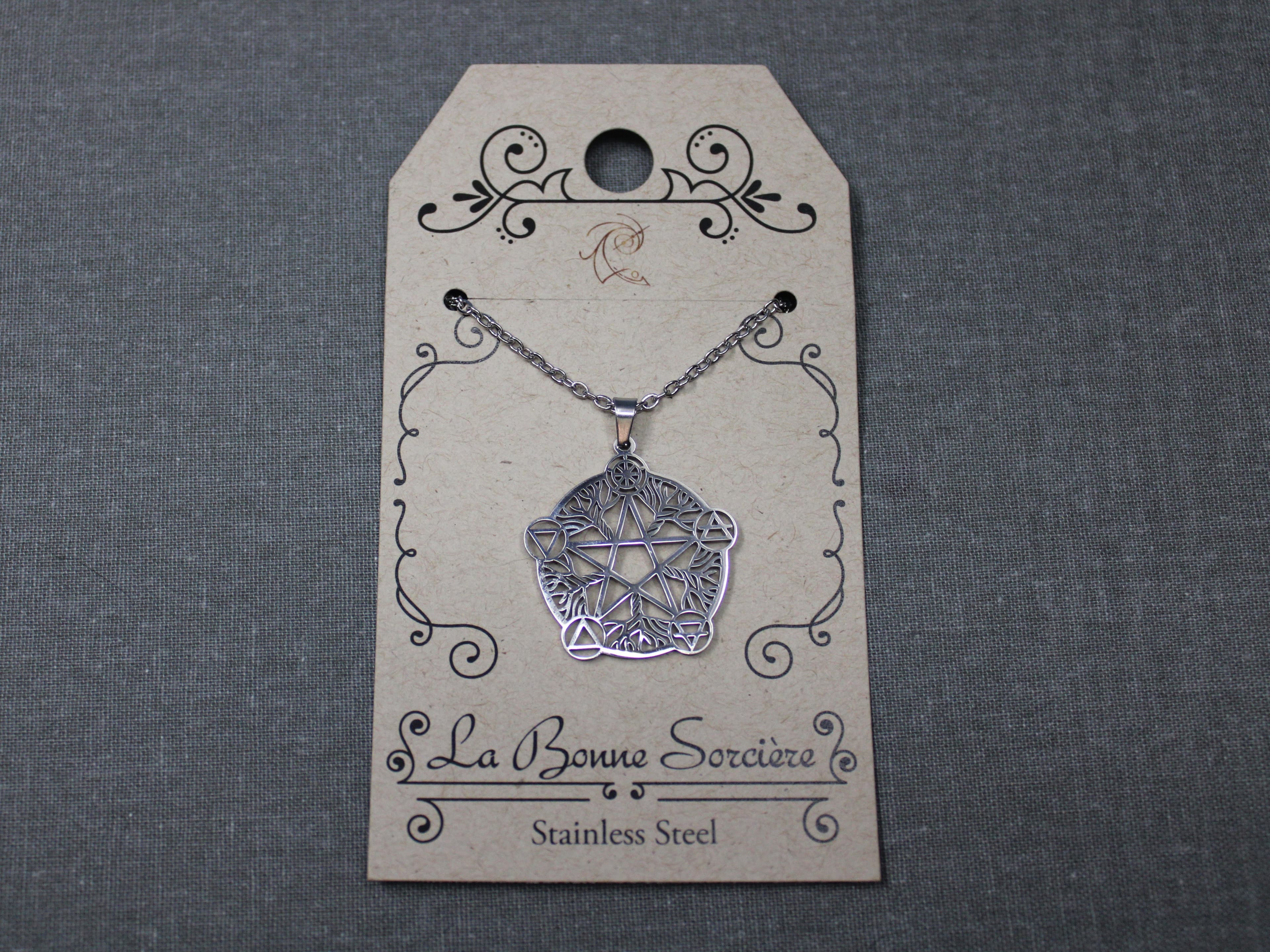 Stainless Steel Air, Earth, Fire, Water and Spirit Pentagram Necklace