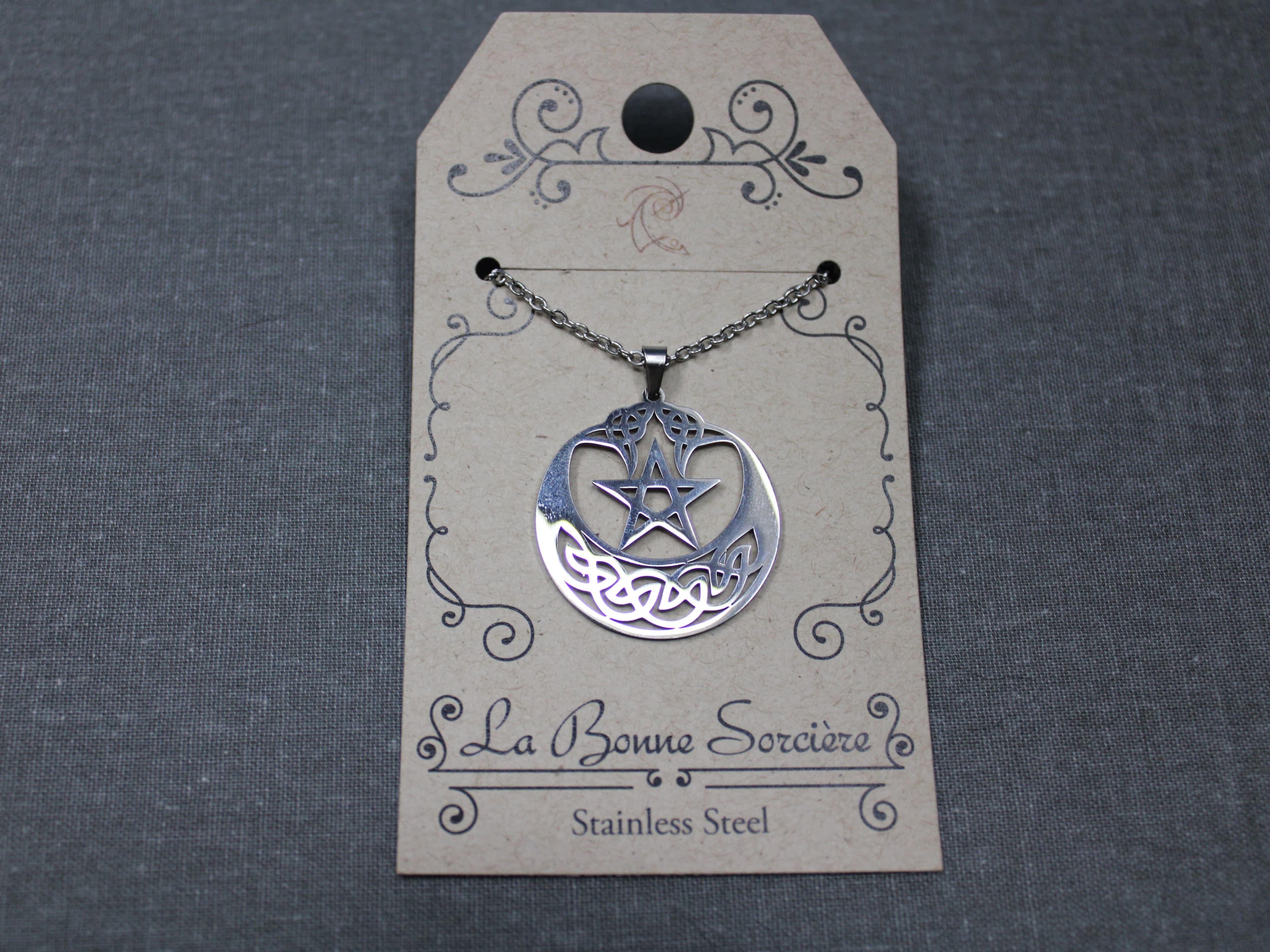 Stainless Steel Crescent Moon and Pentagram Necklace - Image 1