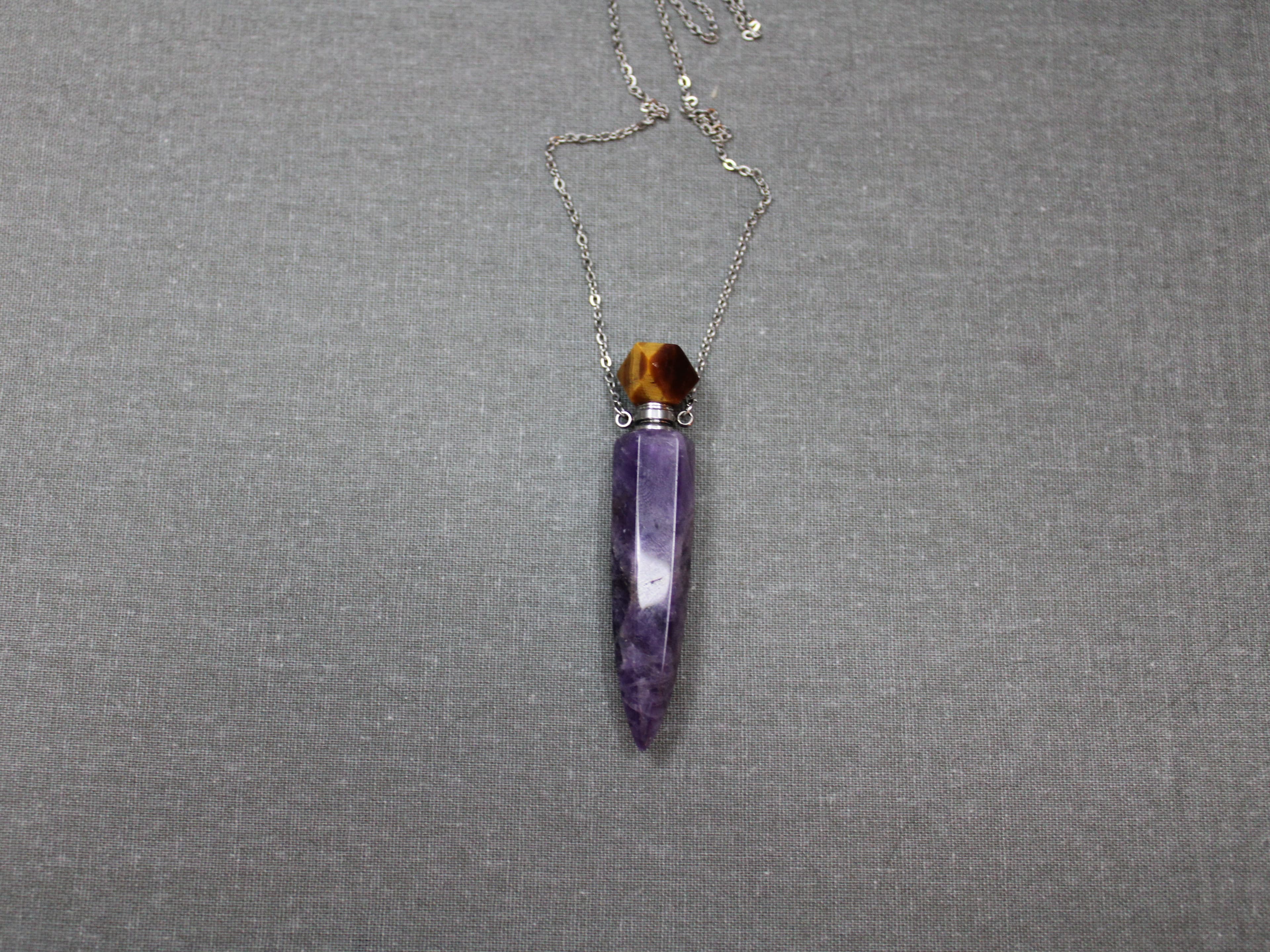 Stainless Steel Amethyst and Tiger Eye Urn Necklace