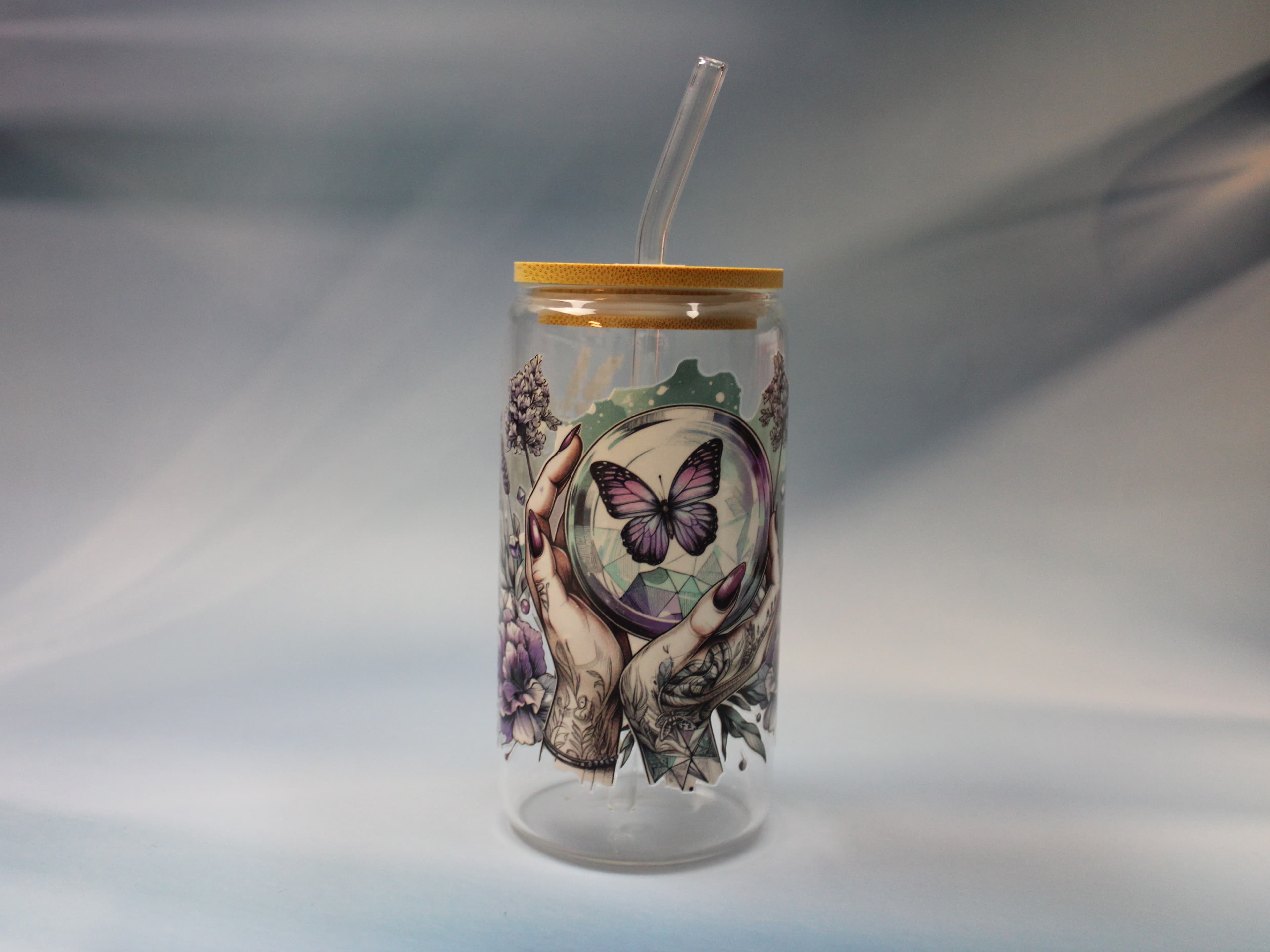 16 oz Crystal Ball & Butterflies Drinking Glass with Glass Straw