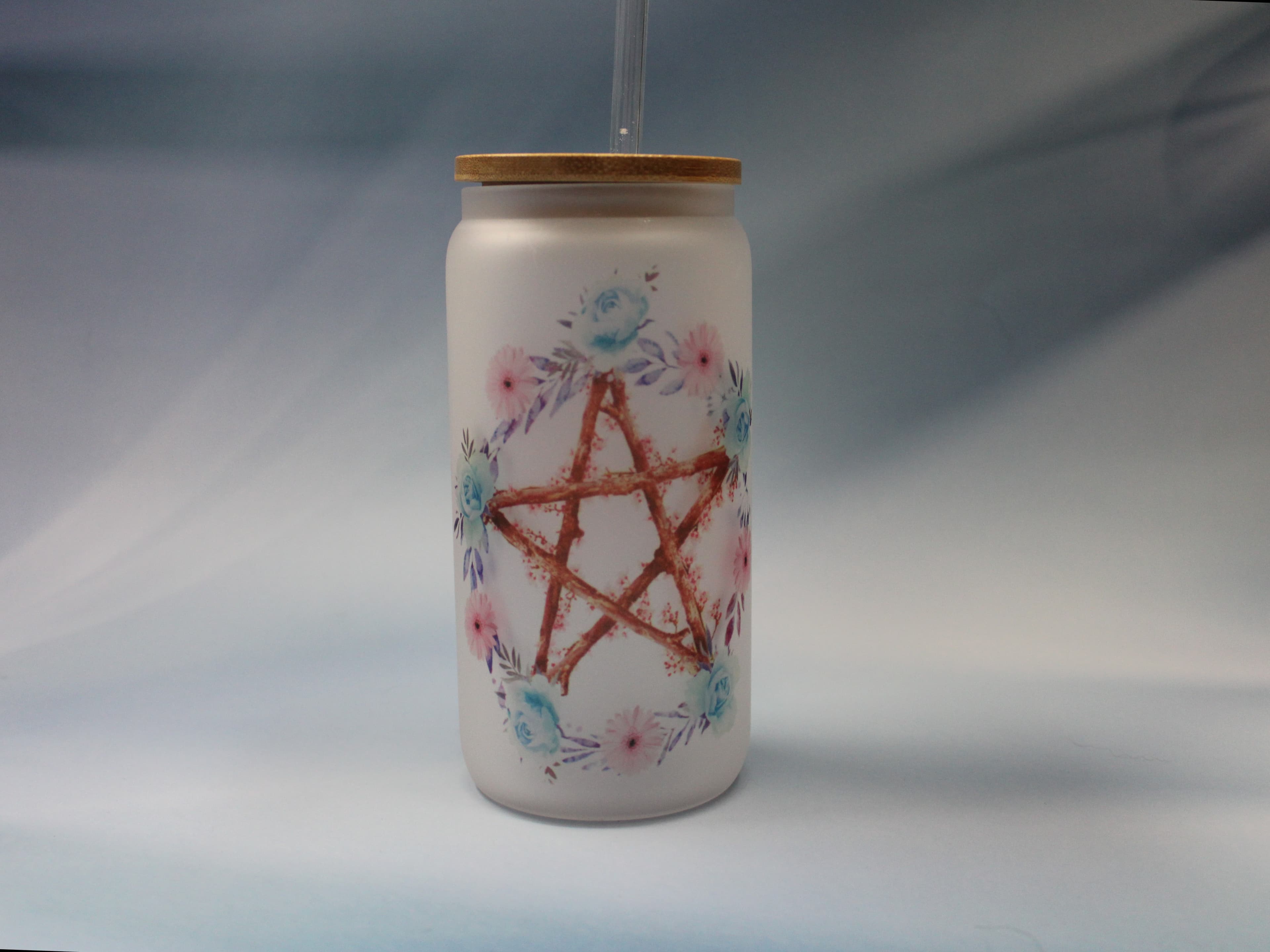 16 oz Floral Pentagram Drinking Glass with Glass Straw