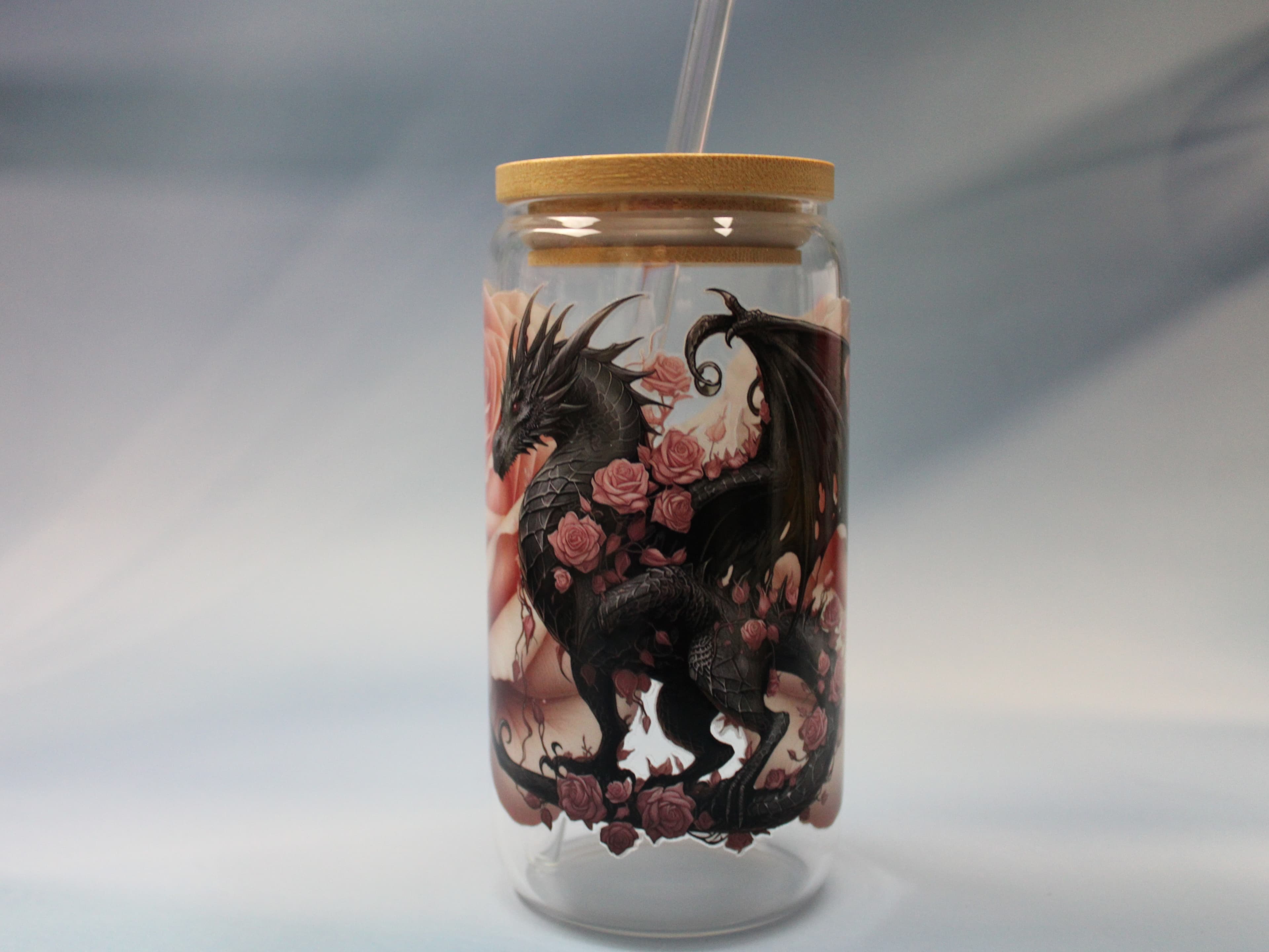16 oz Peach Dragon Drinking Glass with Glass Straw
