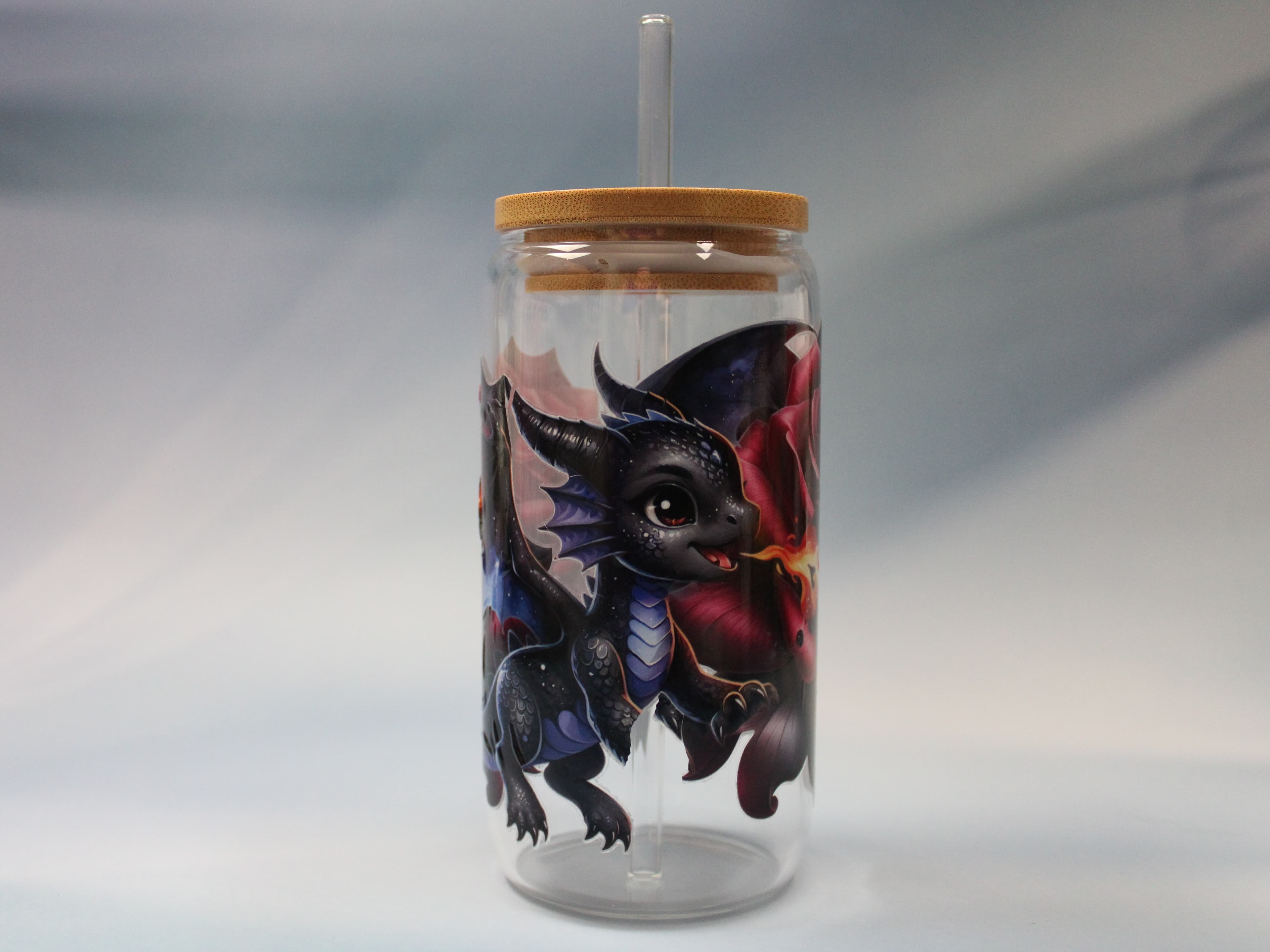 16 oz Baby Red Rose Dragon Drinking Glass with Glass Straw