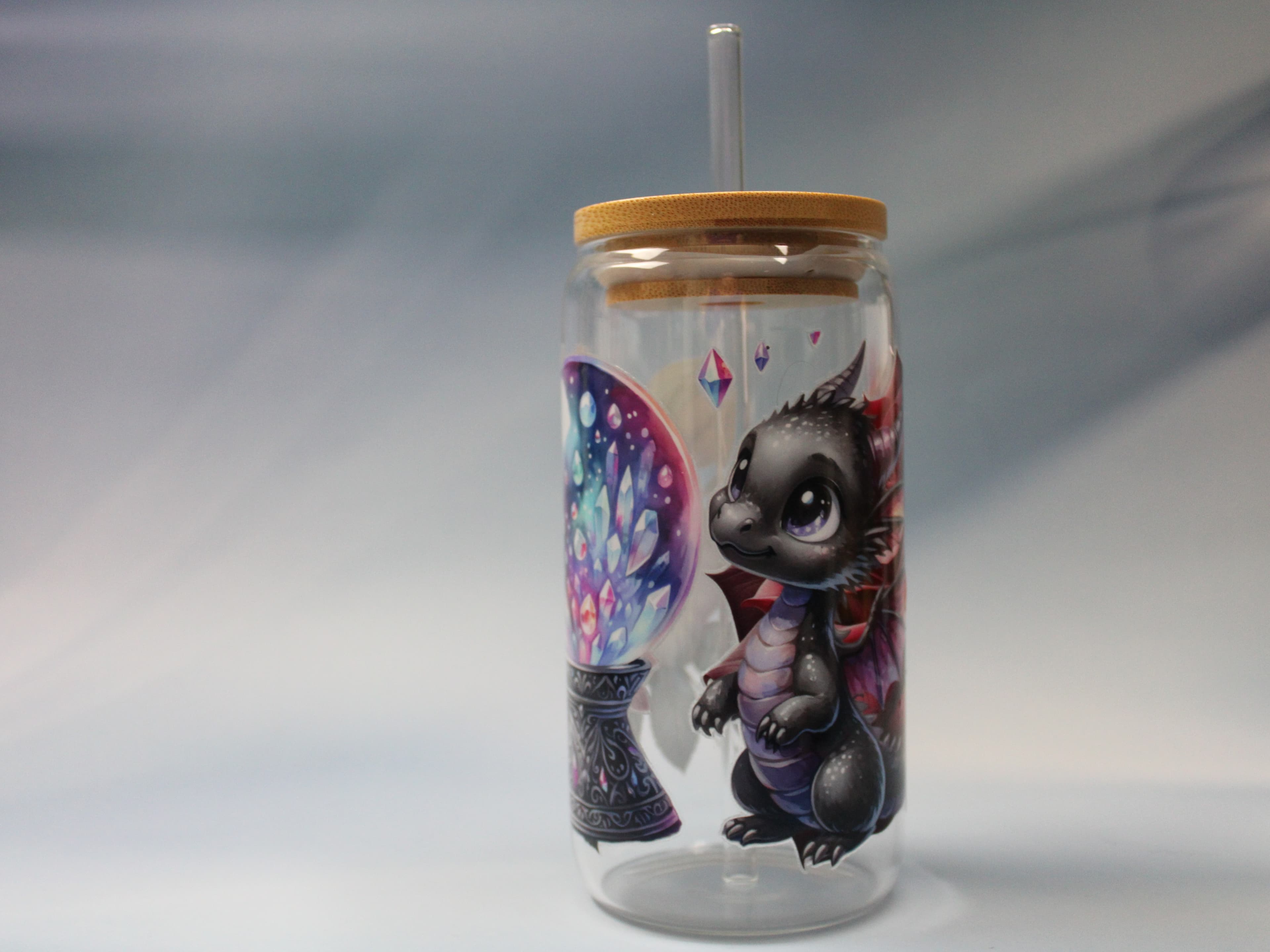 16 oz Baby Crystal Ball Dragon Drinking Glass with Glass Straw