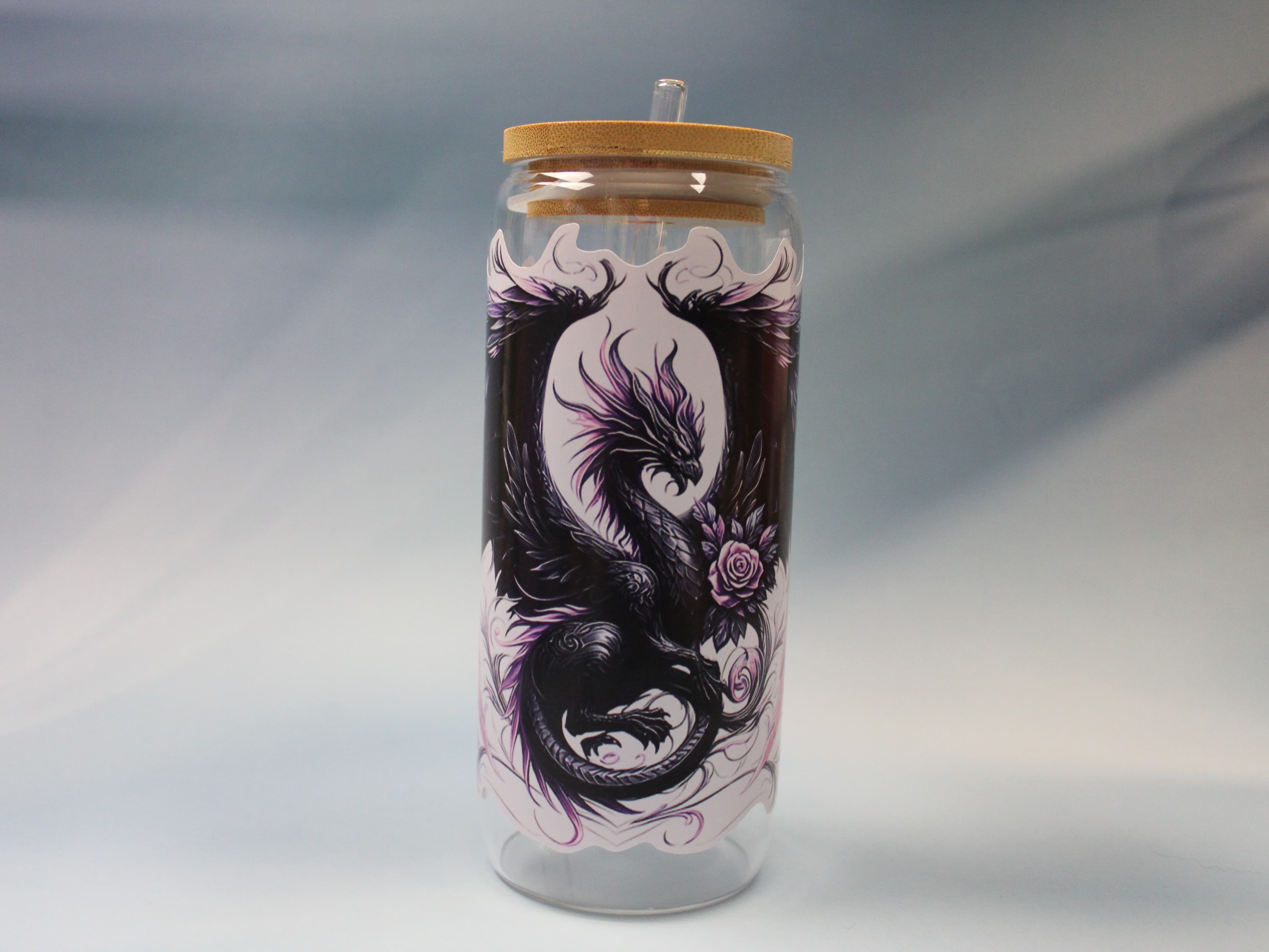 16 oz Purple Rose Dragon Drinking Glass with Glass Straw
