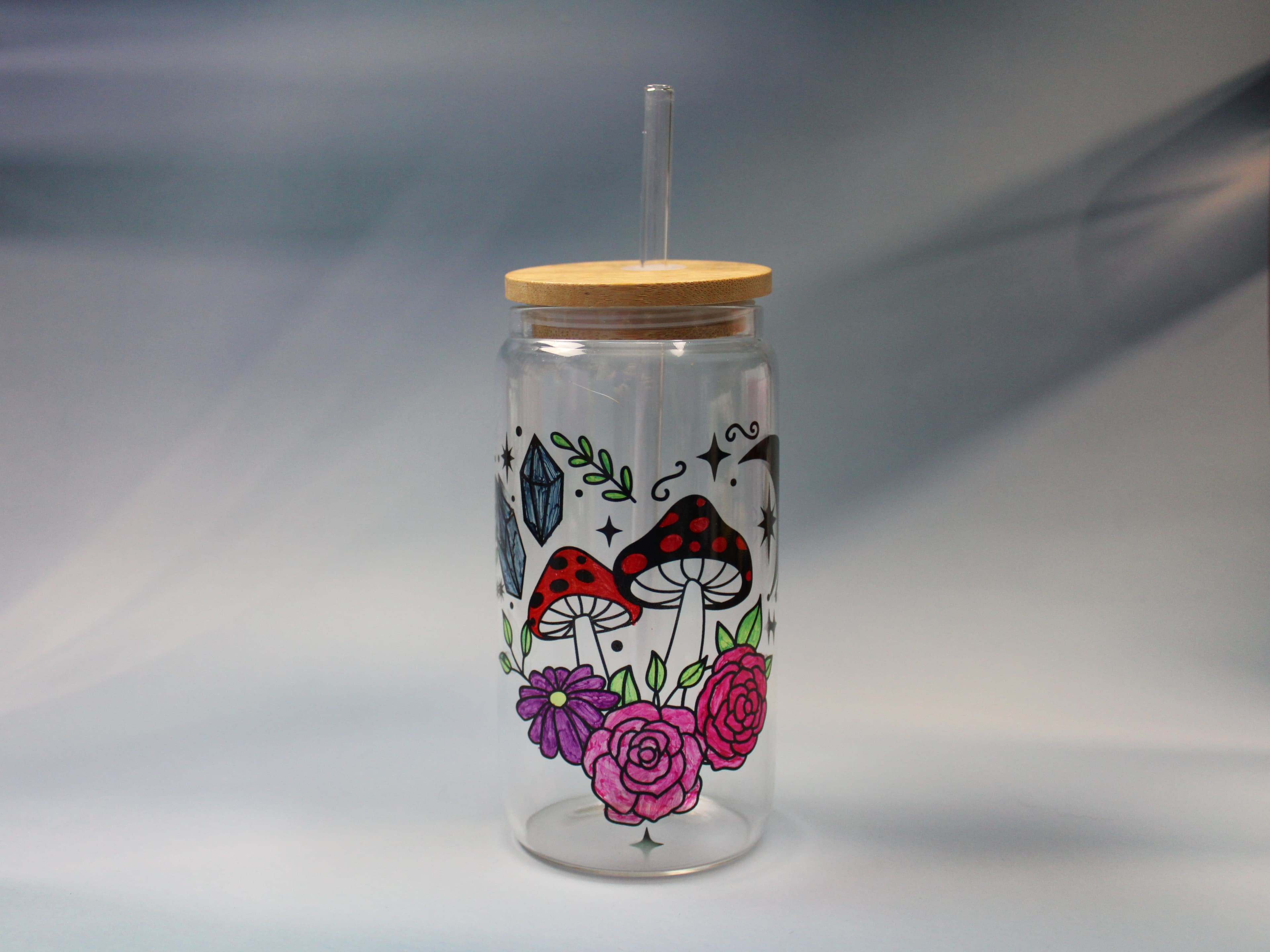 16 oz Colorful Floral Mushrooms Drinking Glass with Glass Straw