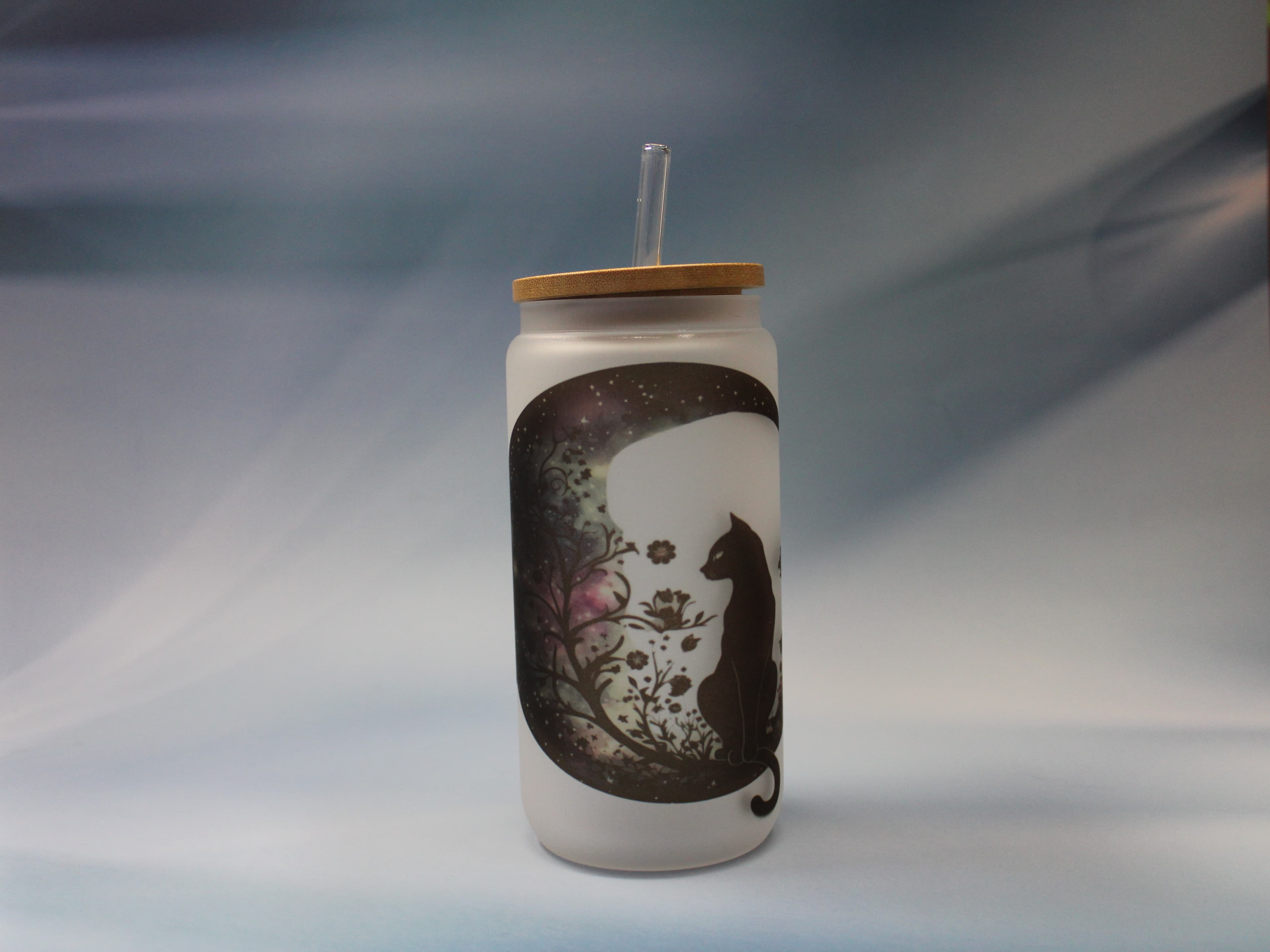 16 oz Cat in the Moon Drinking Glass with Glass Straw