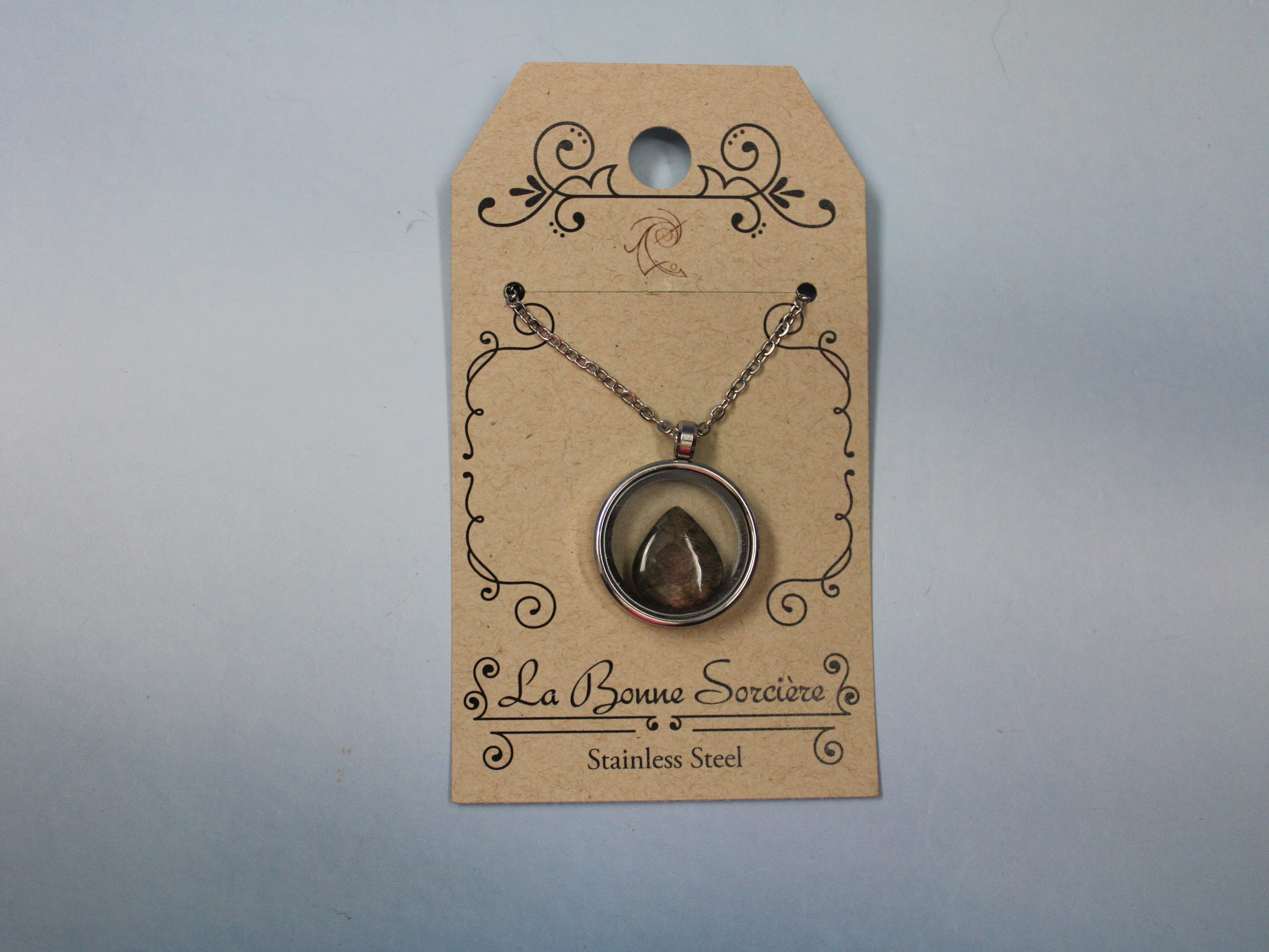 Orange Flash Labradorite Tear Drop in a Stainless Steel Glass Locket