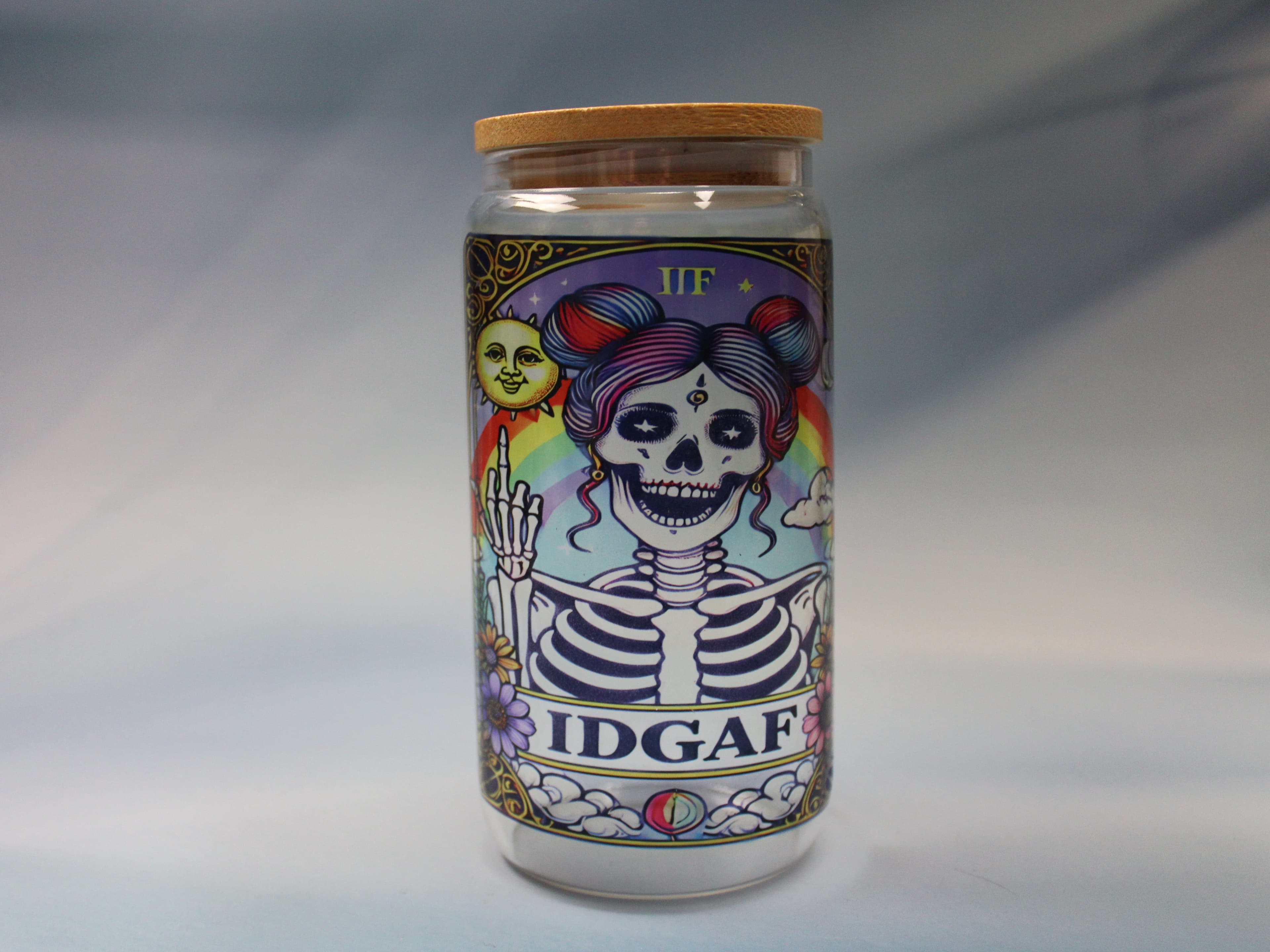 16 oz IDGAF Tarot Card Drinking Glass with Glass Straw