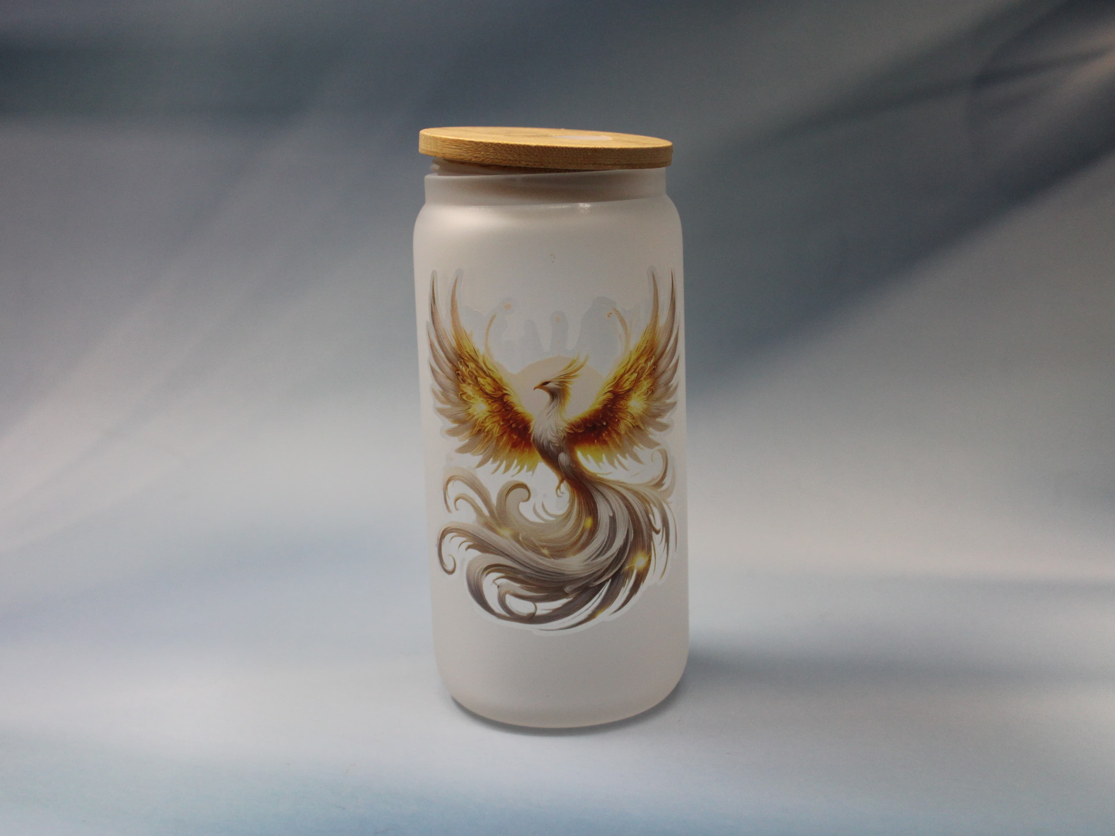 16 oz Frosted White Phoenix Rising Drinking Glass with Glass Straw