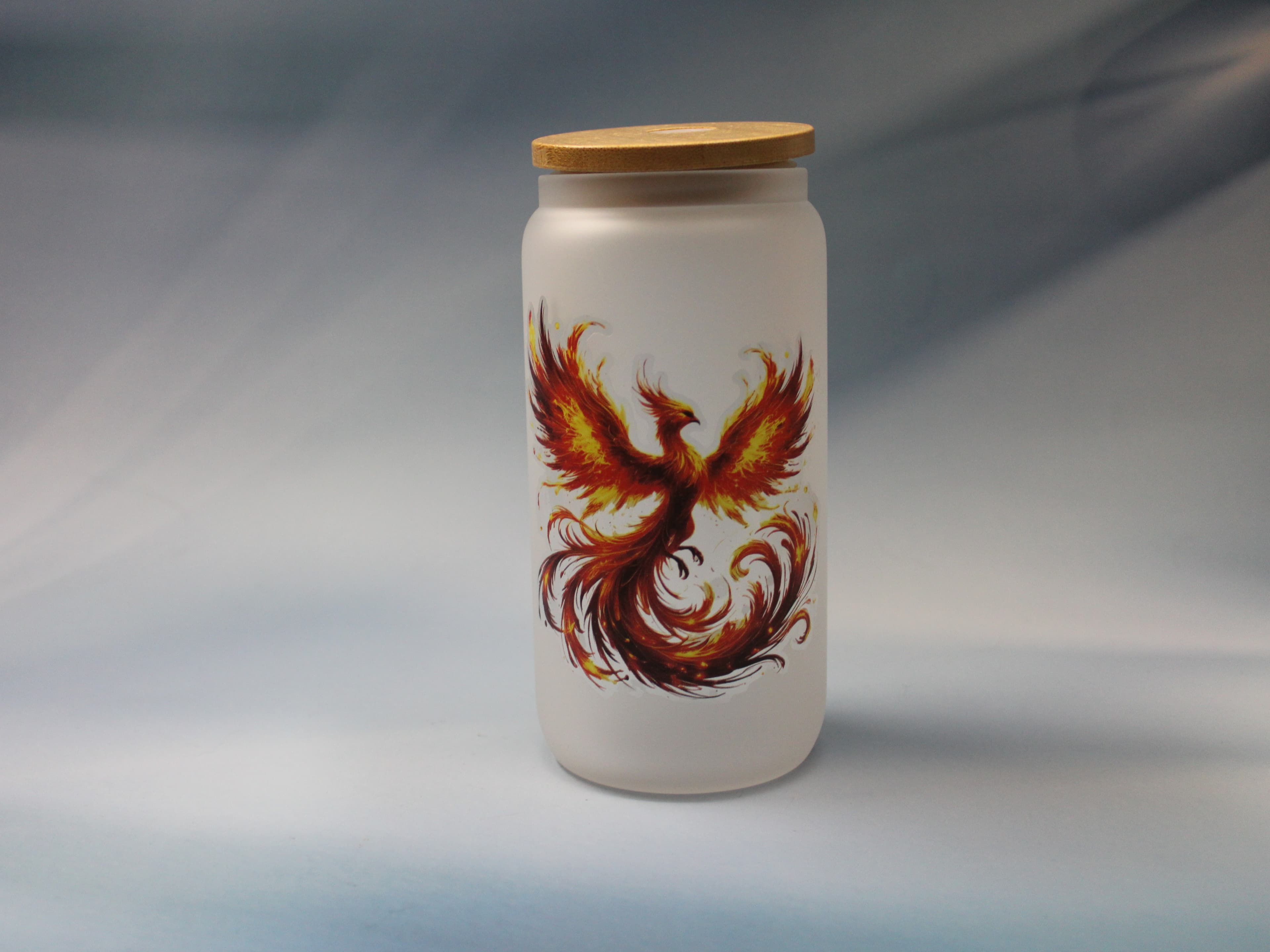 16 oz Frosted Red Phoenix Rising Drinking Glass with Glass Straw