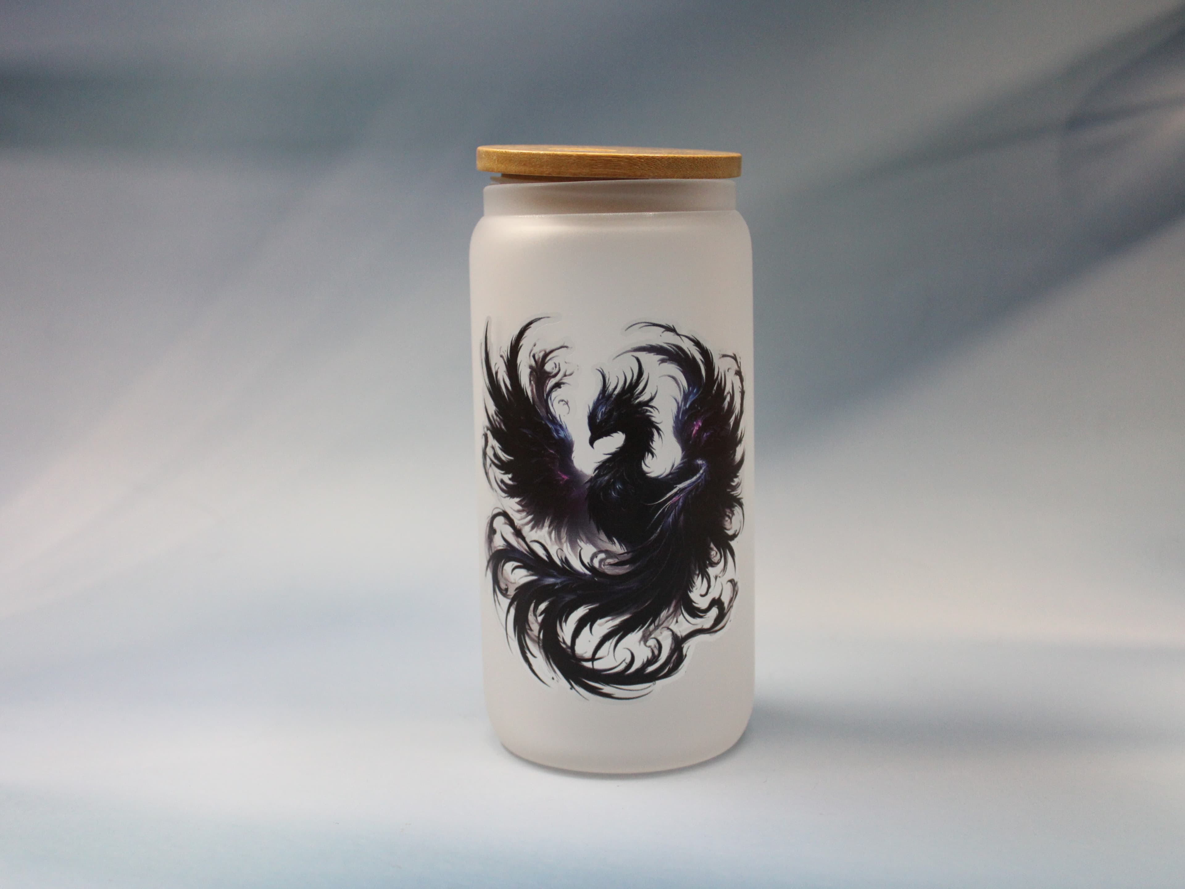 16 oz Frosted Black Phoenix Rising Drinking Glass with Glass Straw
