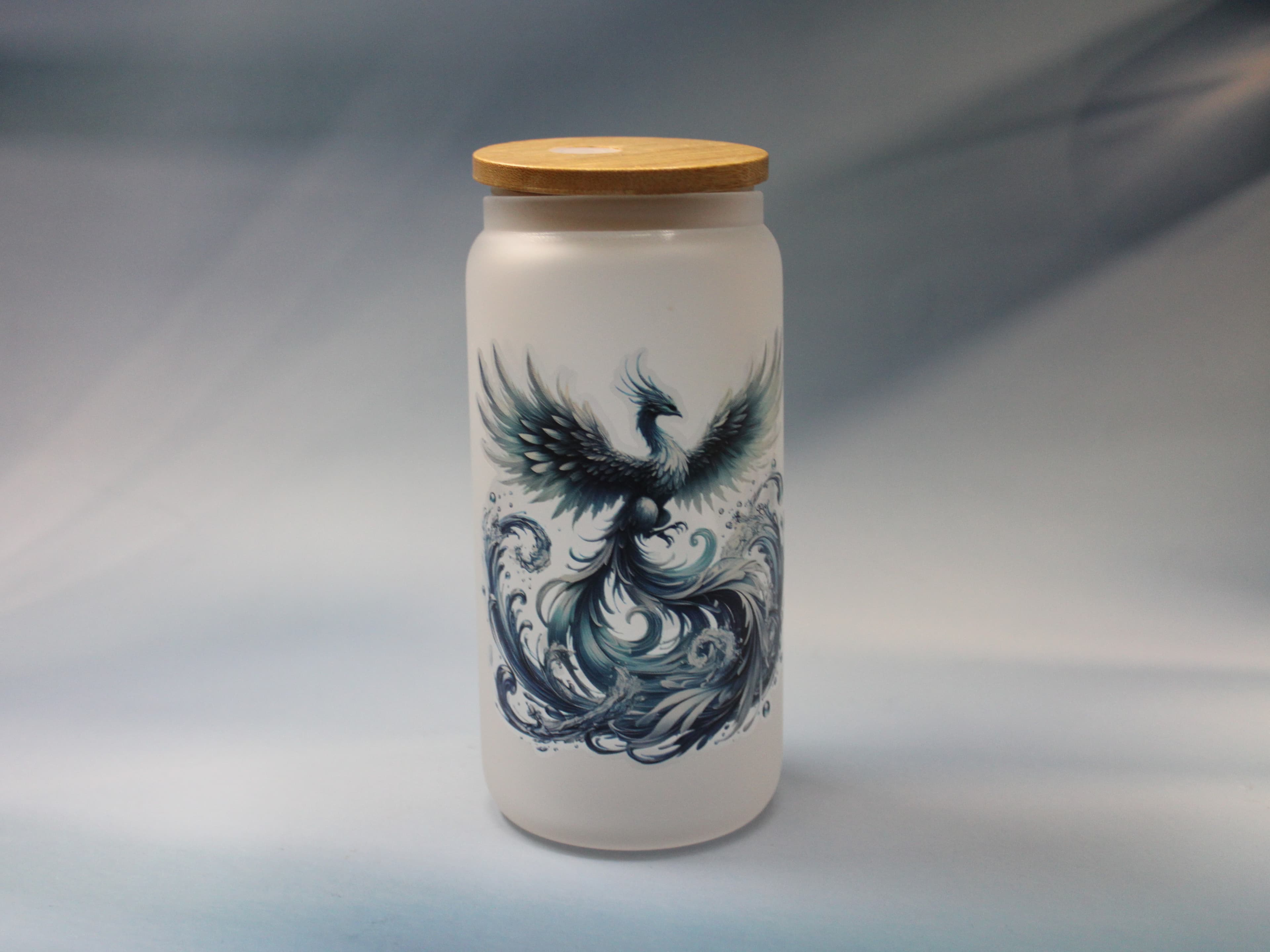 16 oz Frosted Blue Phoenix Rising Drinking Glass with Glass Straw